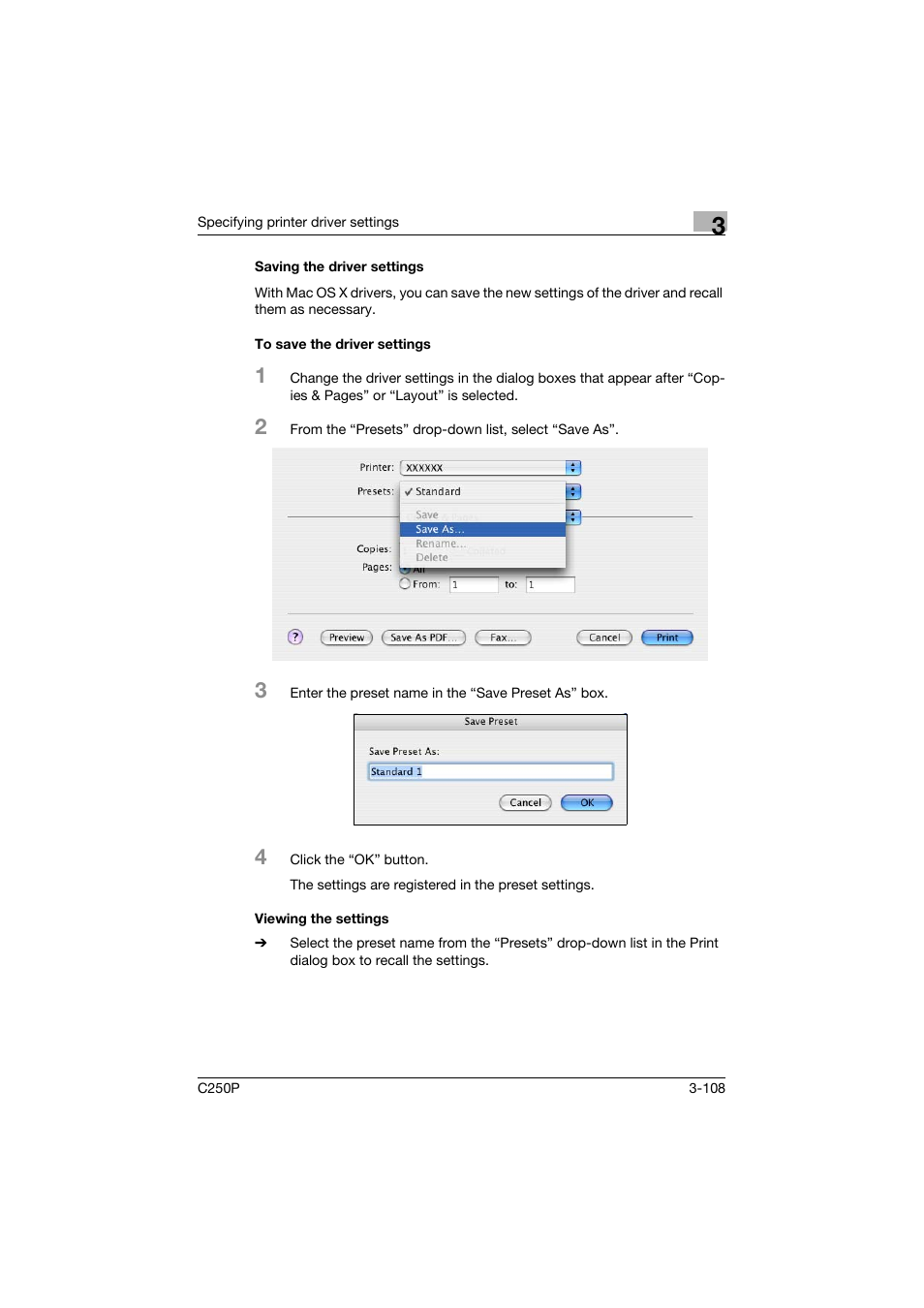 Saving the driver settings, To save the driver settings, Viewing the settings | Konica Minolta C250P User Manual | Page 241 / 498