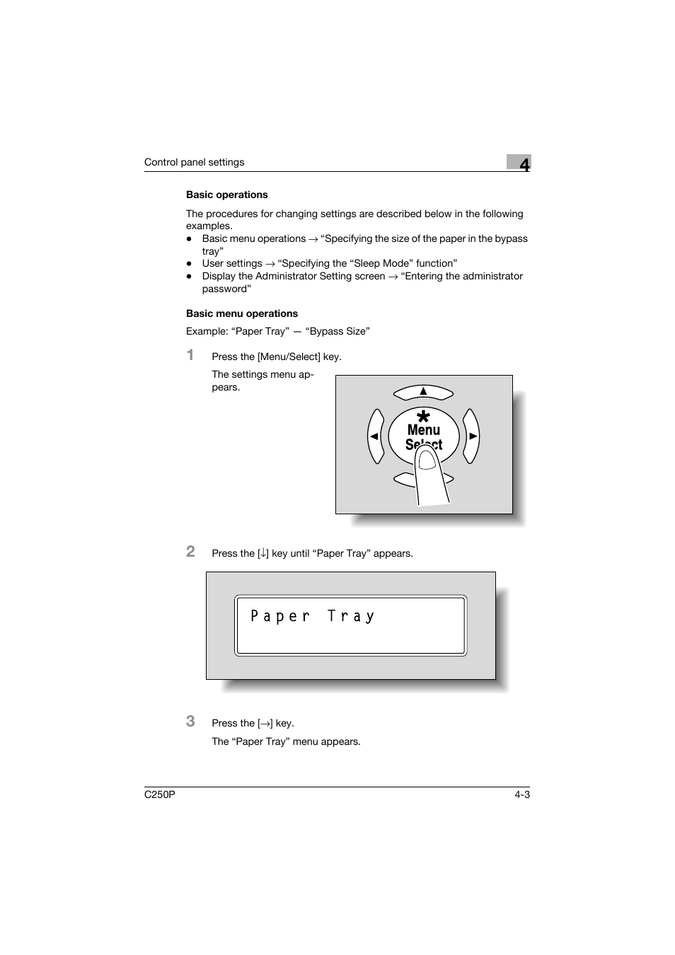 Basic operations, Basic menu operations, Basic operations -3 basic menu operations -3 | Menu select | Konica Minolta C250P User Manual | Page 246 / 498