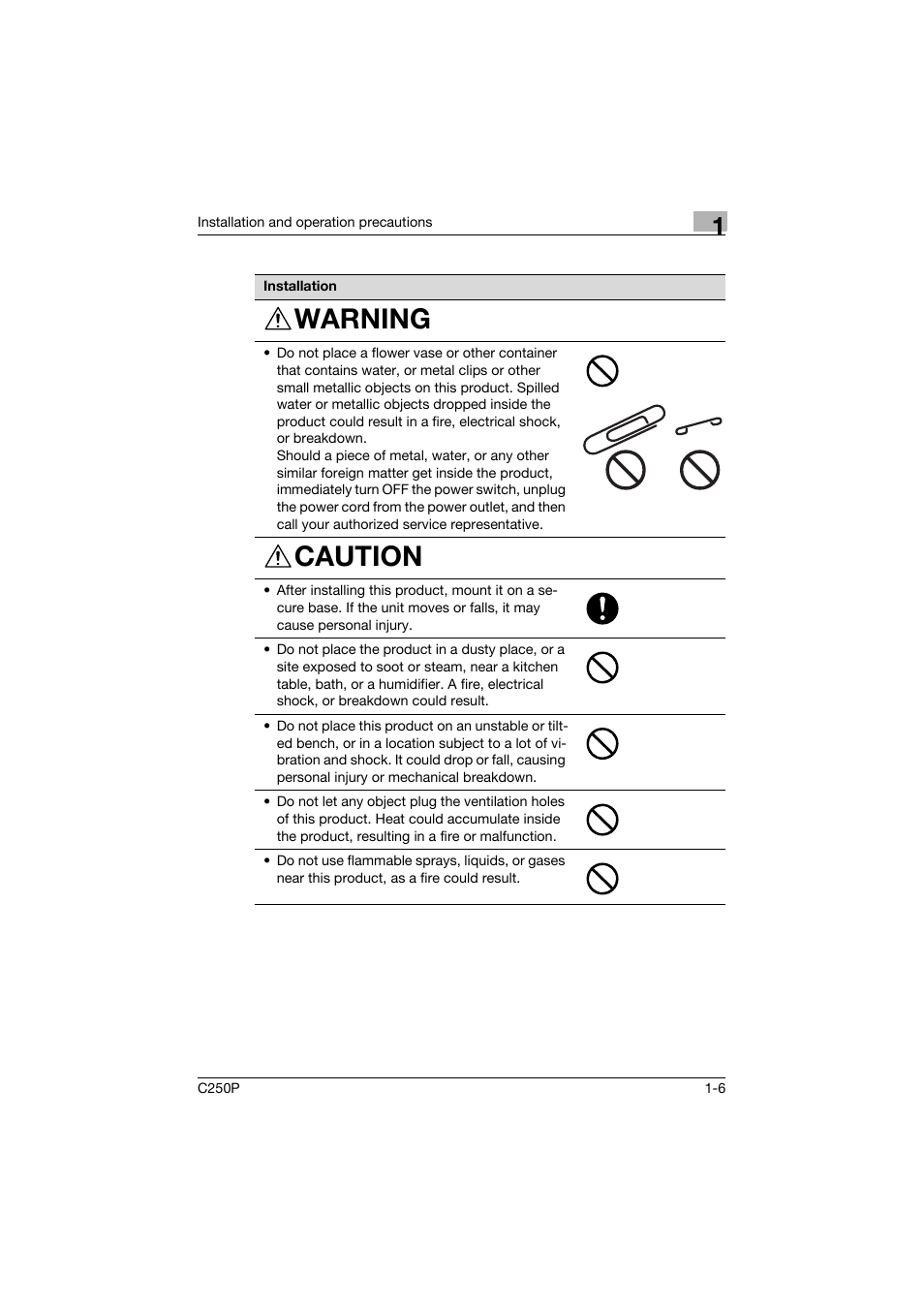 Warning, Caution | Konica Minolta C250P User Manual | Page 25 / 498