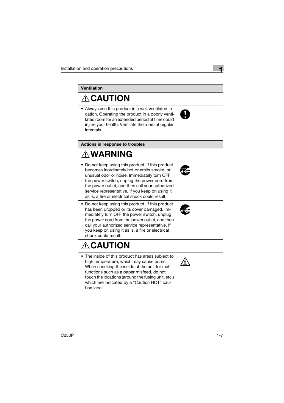 Caution, Warning | Konica Minolta C250P User Manual | Page 26 / 498