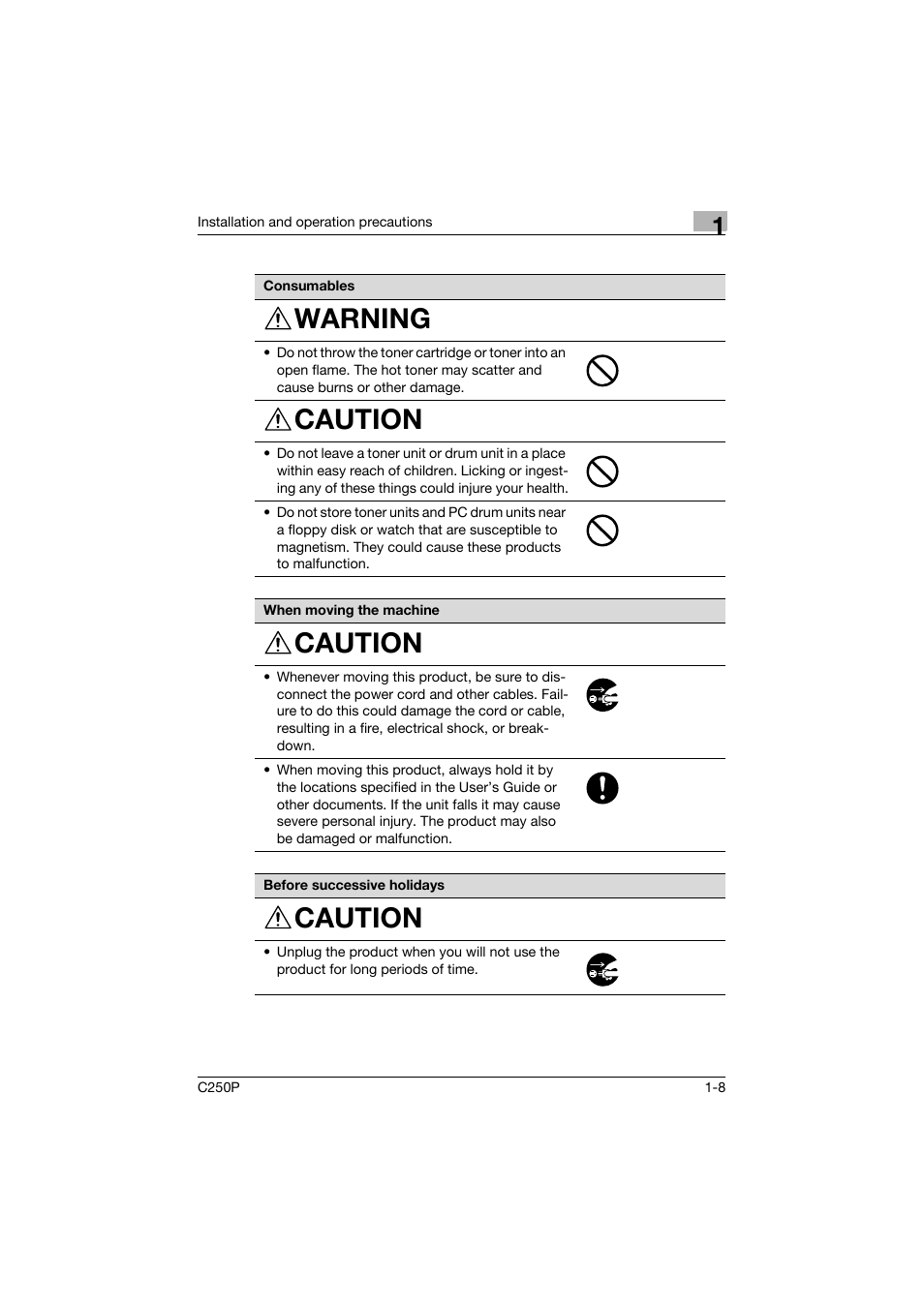 Warning, Caution | Konica Minolta C250P User Manual | Page 27 / 498