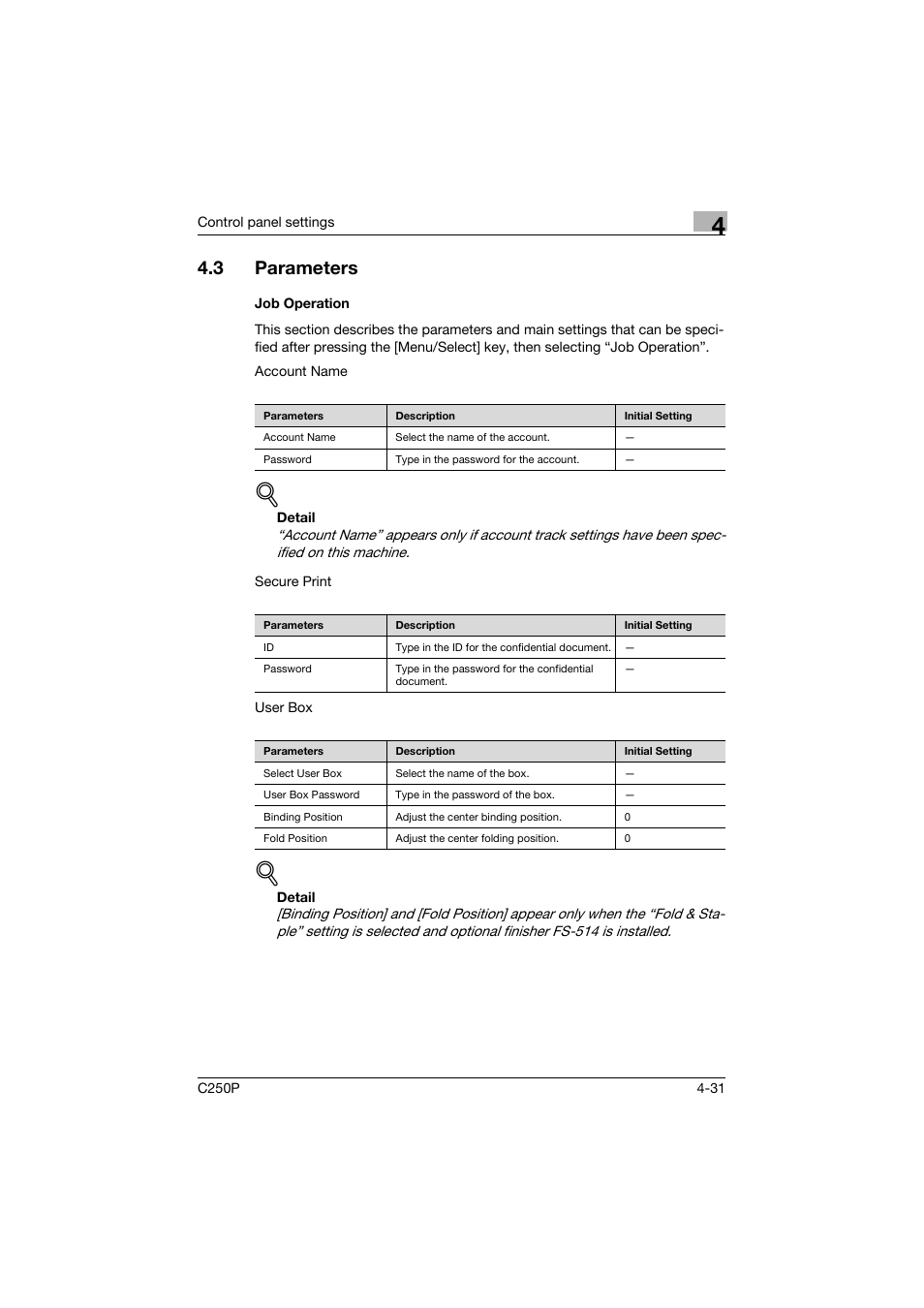 3 parameters, Job operation, Parameters -31 | Job operation -31 | Konica Minolta C250P User Manual | Page 274 / 498