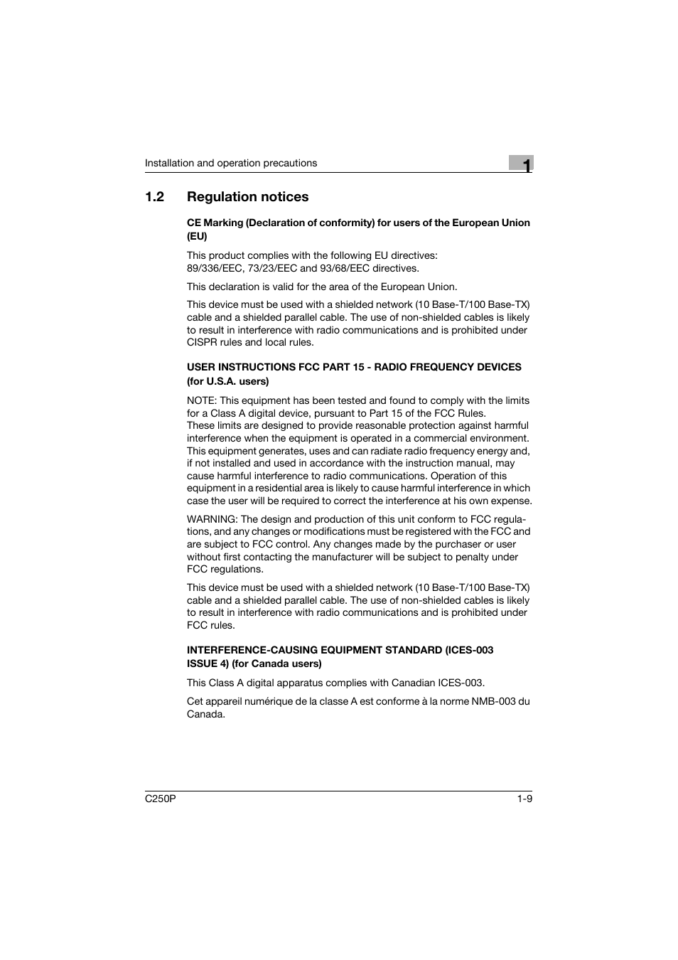 2 regulation notices, Regulation notices -9 | Konica Minolta C250P User Manual | Page 28 / 498