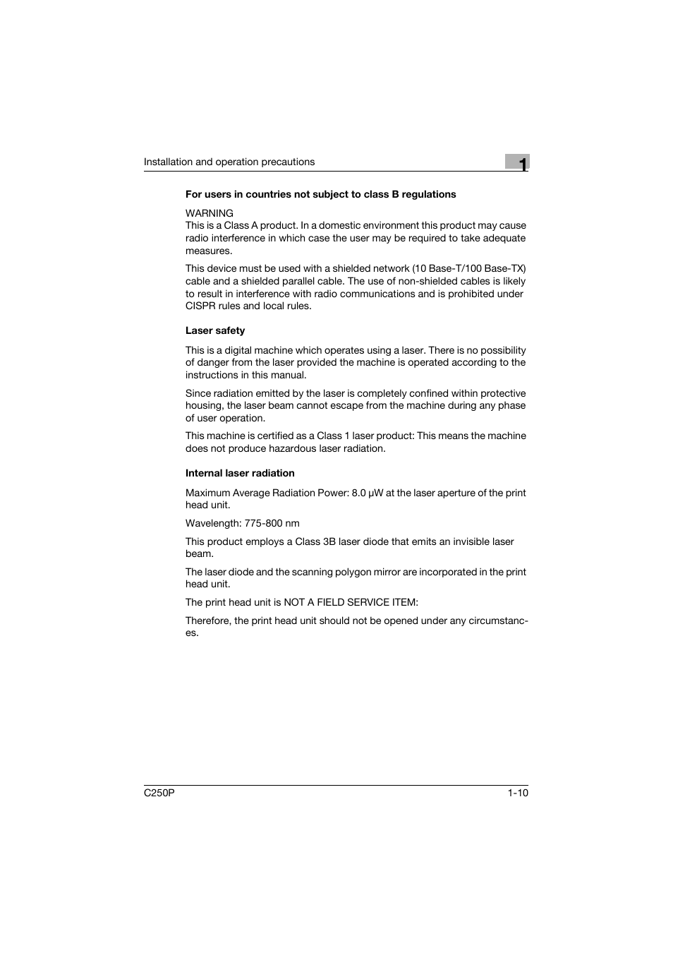 Laser safety, Internal laser radiation | Konica Minolta C250P User Manual | Page 29 / 498