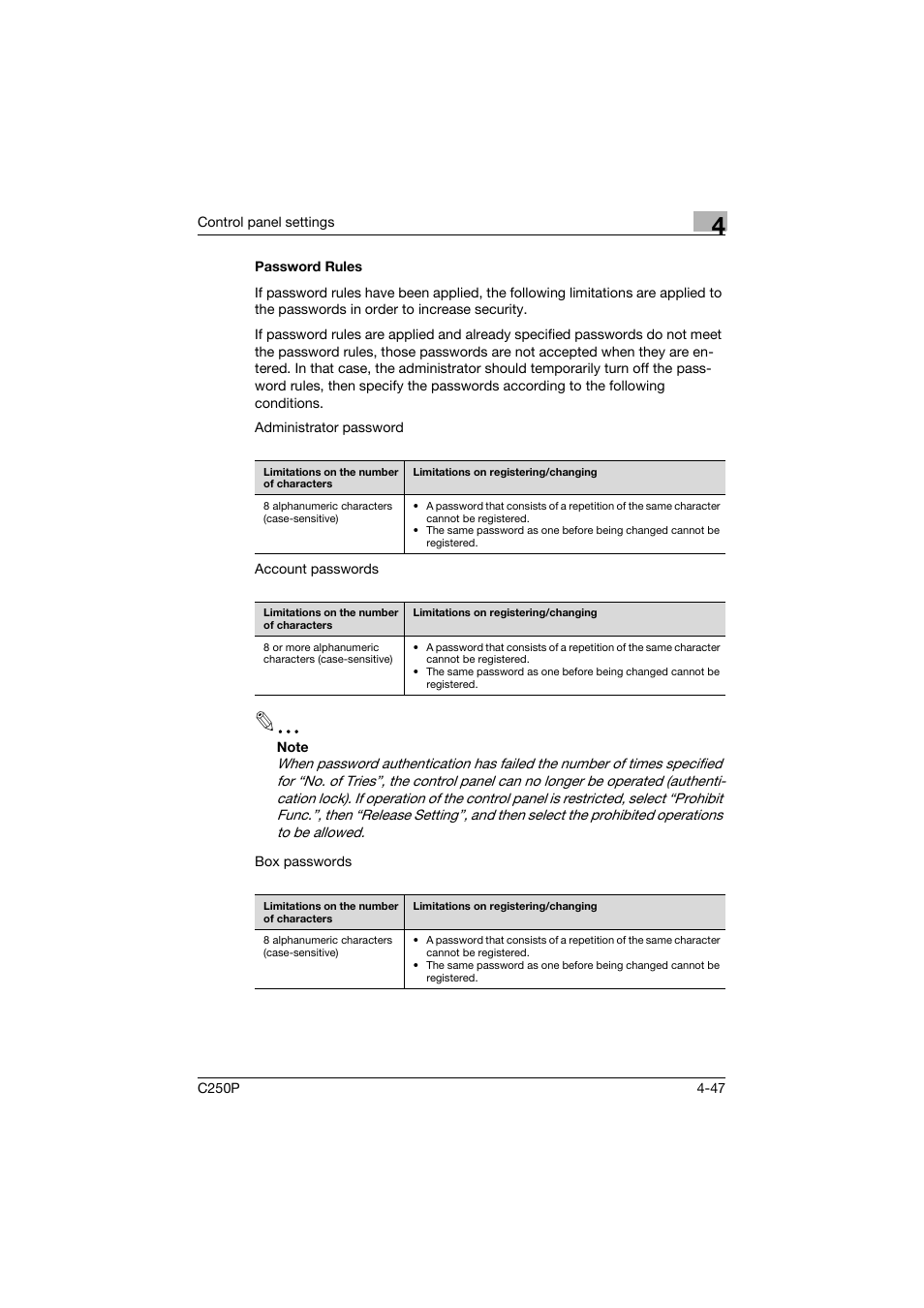 Password rules, Password rules -47 | Konica Minolta C250P User Manual | Page 290 / 498