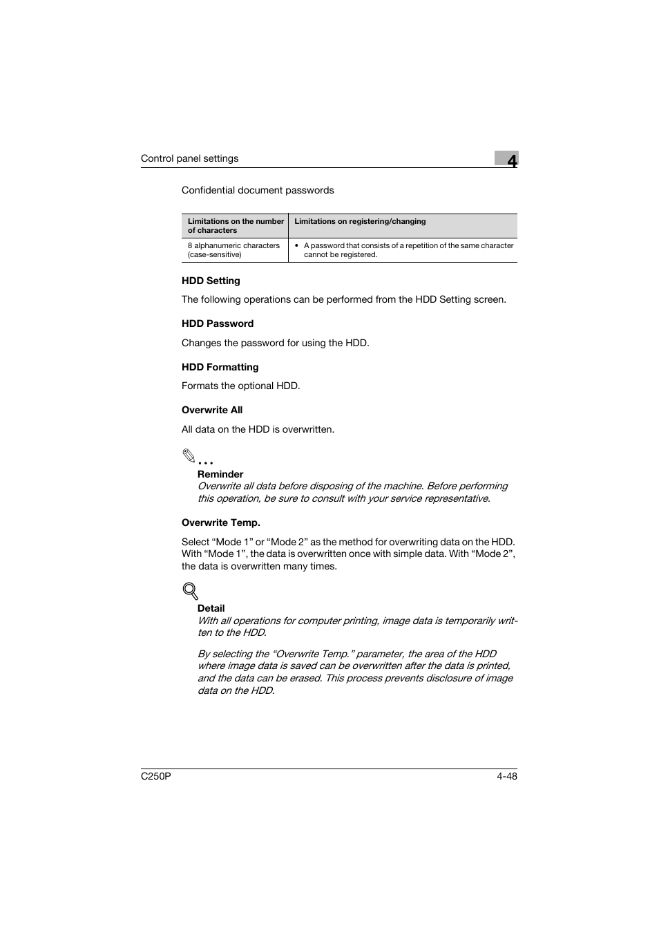Hdd setting, Hdd password, Hdd formatting | Overwrite all, Overwrite temp | Konica Minolta C250P User Manual | Page 291 / 498