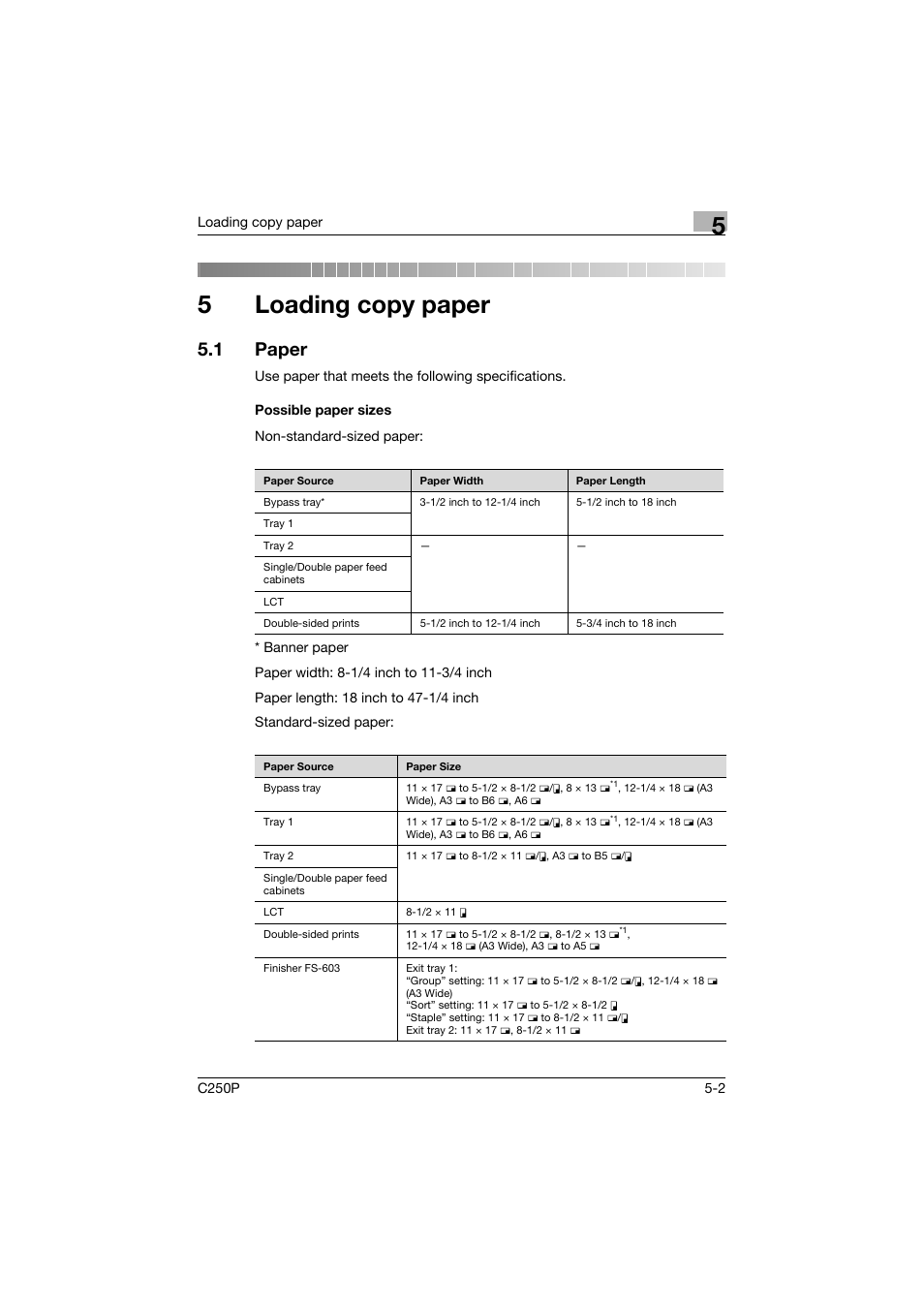 5 loading copy paper, 1 paper, Possible paper sizes | Loading copy paper, Paper -2, Possible paper sizes -2, 5loading copy paper | Konica Minolta C250P User Manual | Page 297 / 498