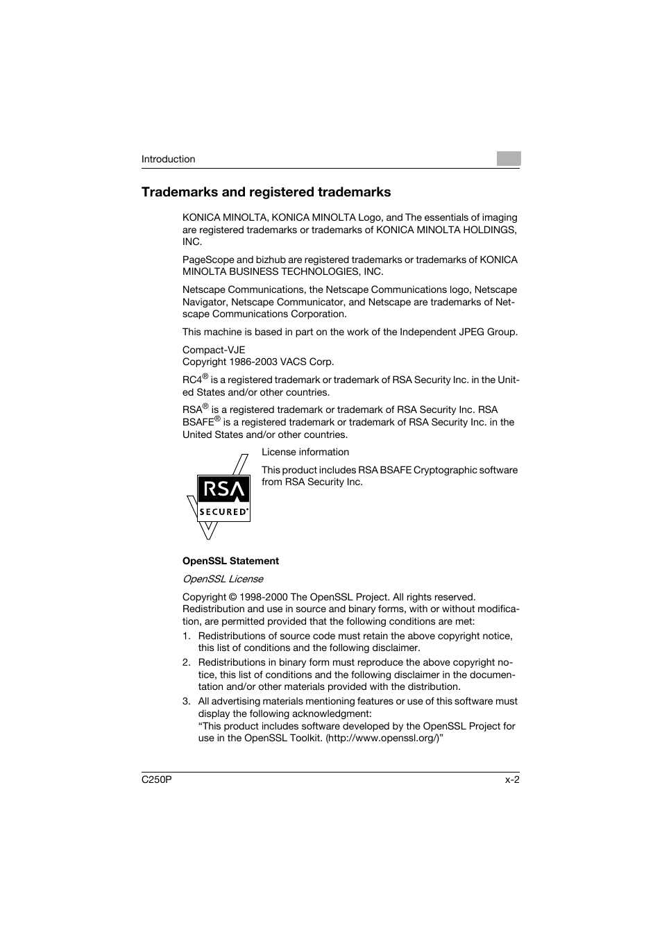 Trademarks and registered trademarks | Konica Minolta C250P User Manual | Page 3 / 498