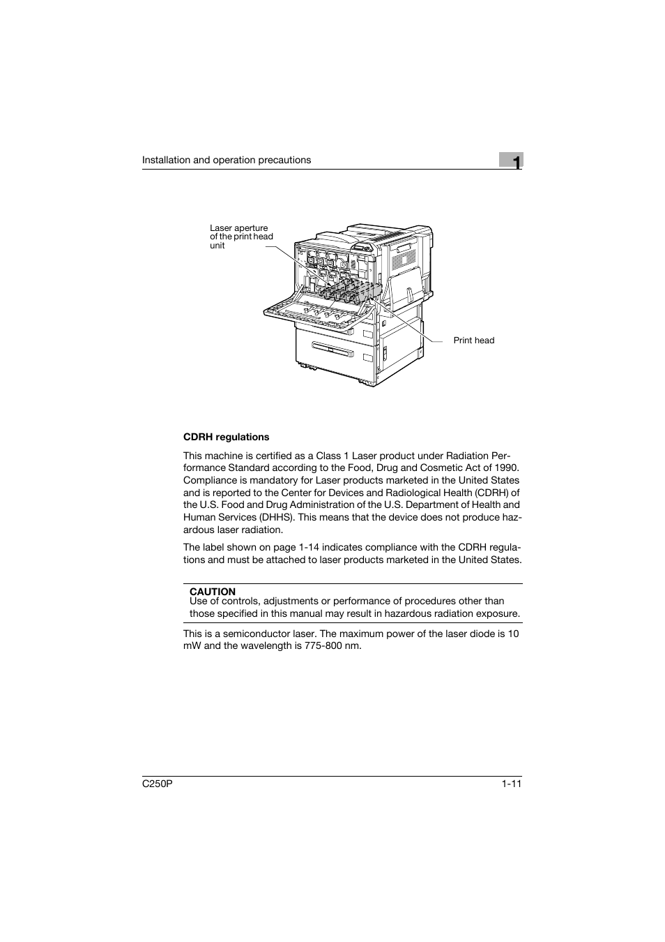 Cdrh regulations, Cdrh regulations -11 | Konica Minolta C250P User Manual | Page 30 / 498