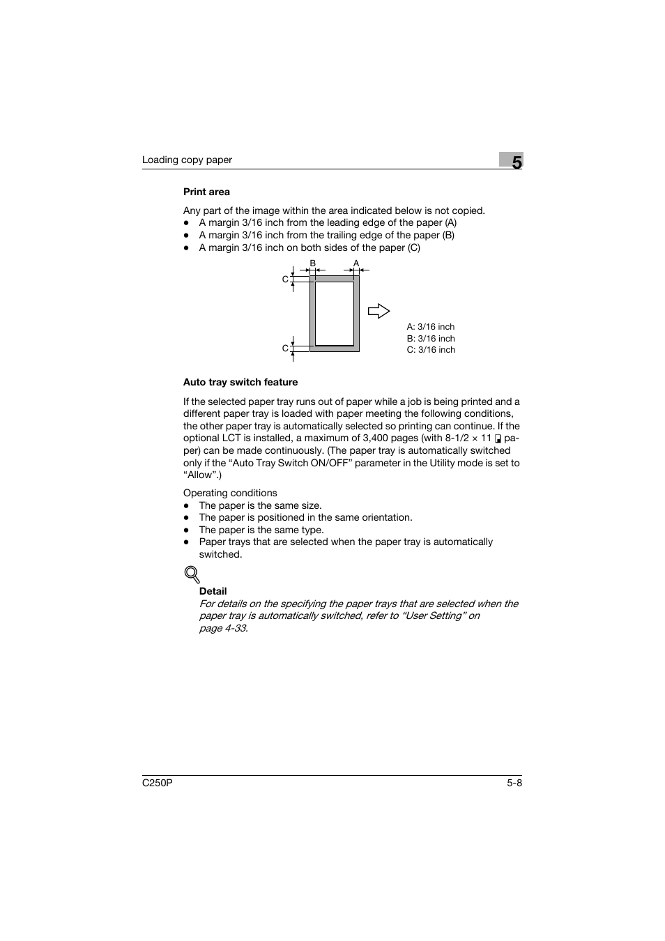 Print area, Auto tray switch feature, Print area -8 auto tray switch feature -8 | Konica Minolta C250P User Manual | Page 303 / 498