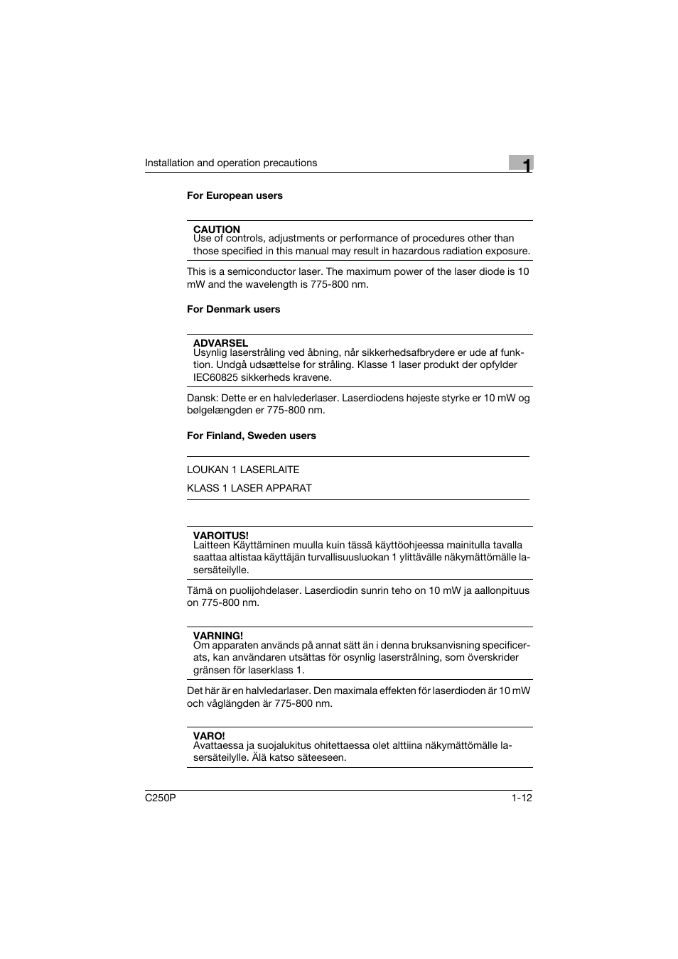 For european users, For denmark users, For finland, sweden users | Konica Minolta C250P User Manual | Page 31 / 498