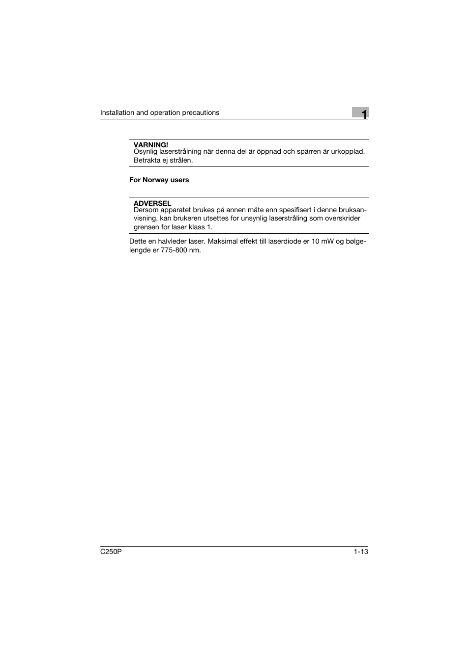 For norway users, For norway users -13 | Konica Minolta C250P User Manual | Page 32 / 498