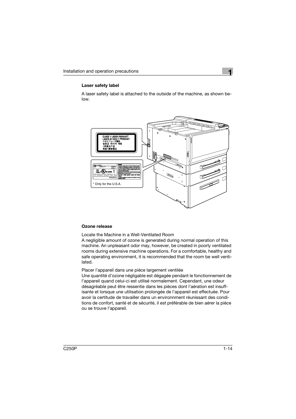 Laser safety label, Ozone release, Laser safety label -14 ozone release -14 | Konica Minolta C250P User Manual | Page 33 / 498