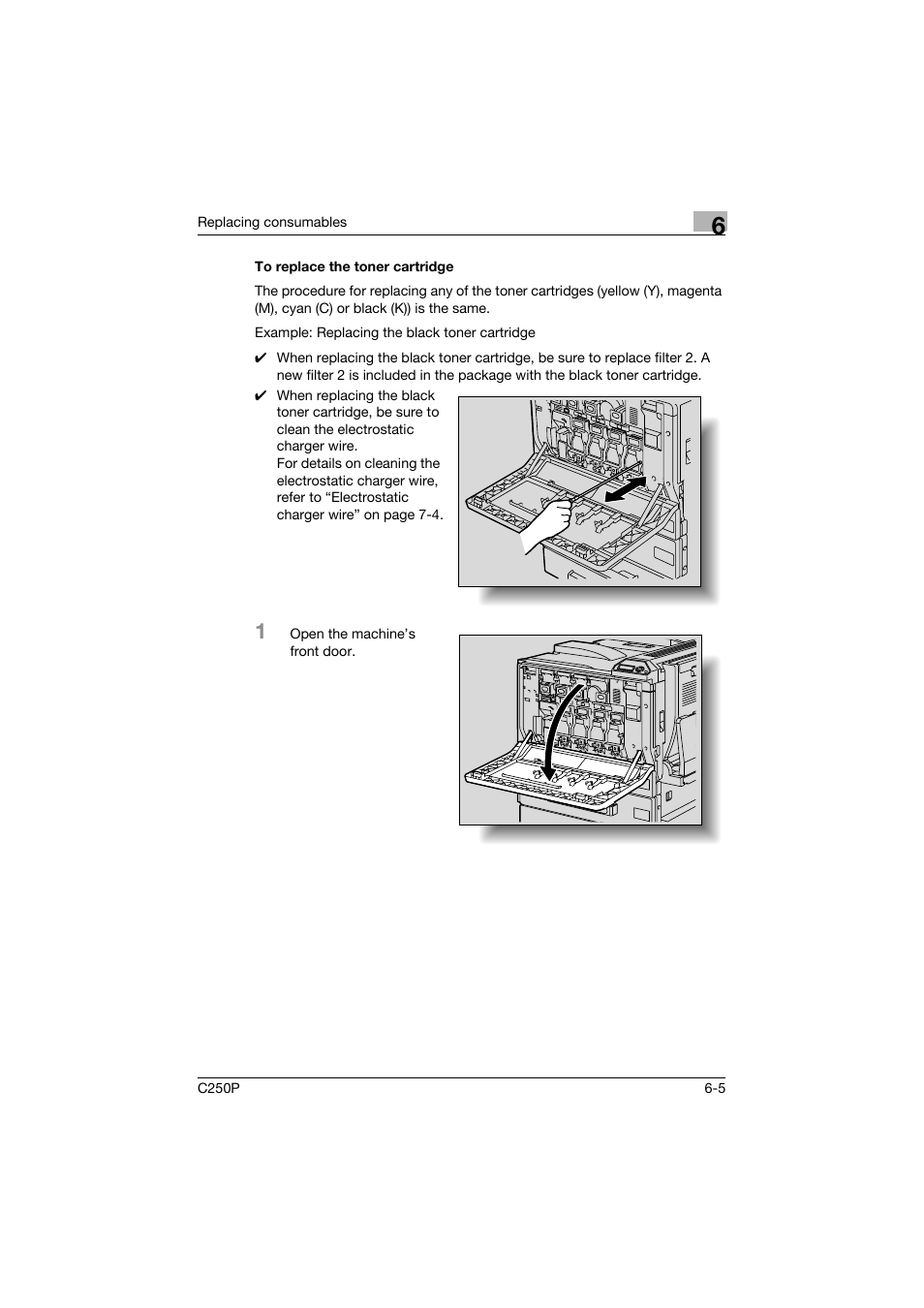 To replace the toner cartridge, To replace the toner cartridge -5, P. 6-5 | Konica Minolta C250P User Manual | Page 332 / 498