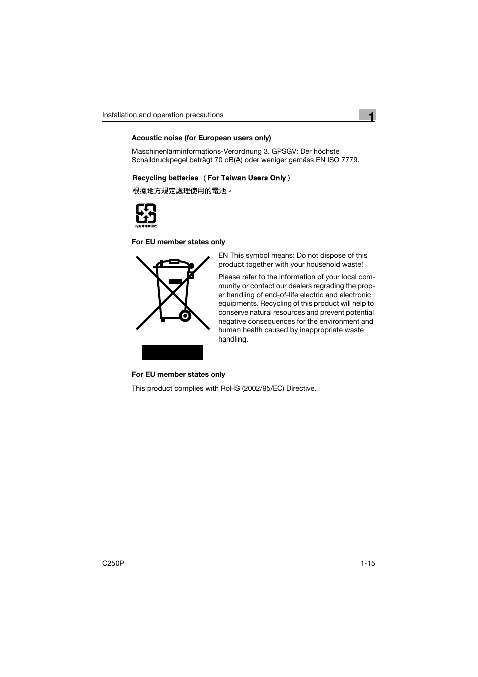 Acoustic noise (for european users only), For eu member states only | Konica Minolta C250P User Manual | Page 34 / 498