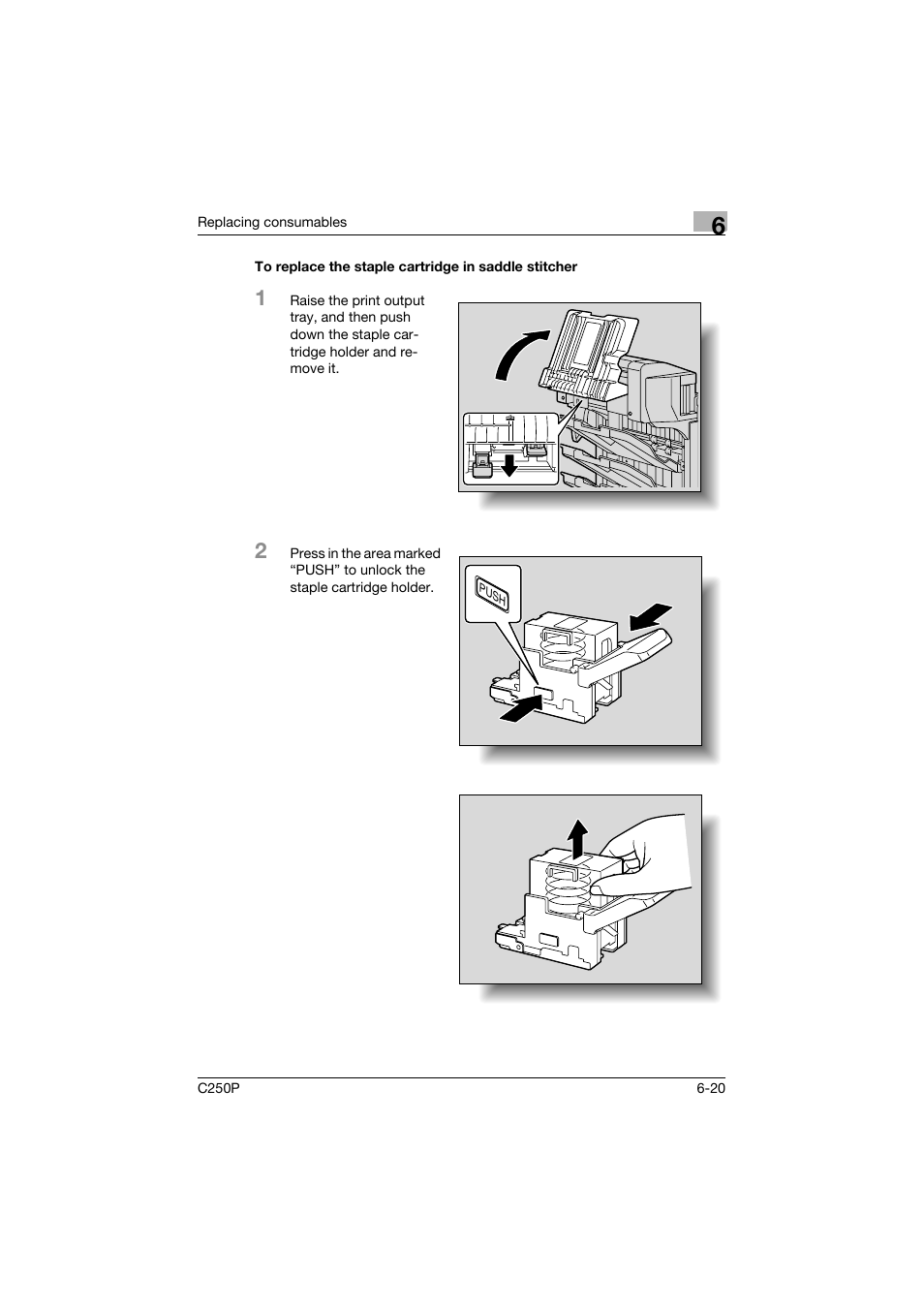 To replace the staple cartridge in saddle stitcher | Konica Minolta C250P User Manual | Page 347 / 498