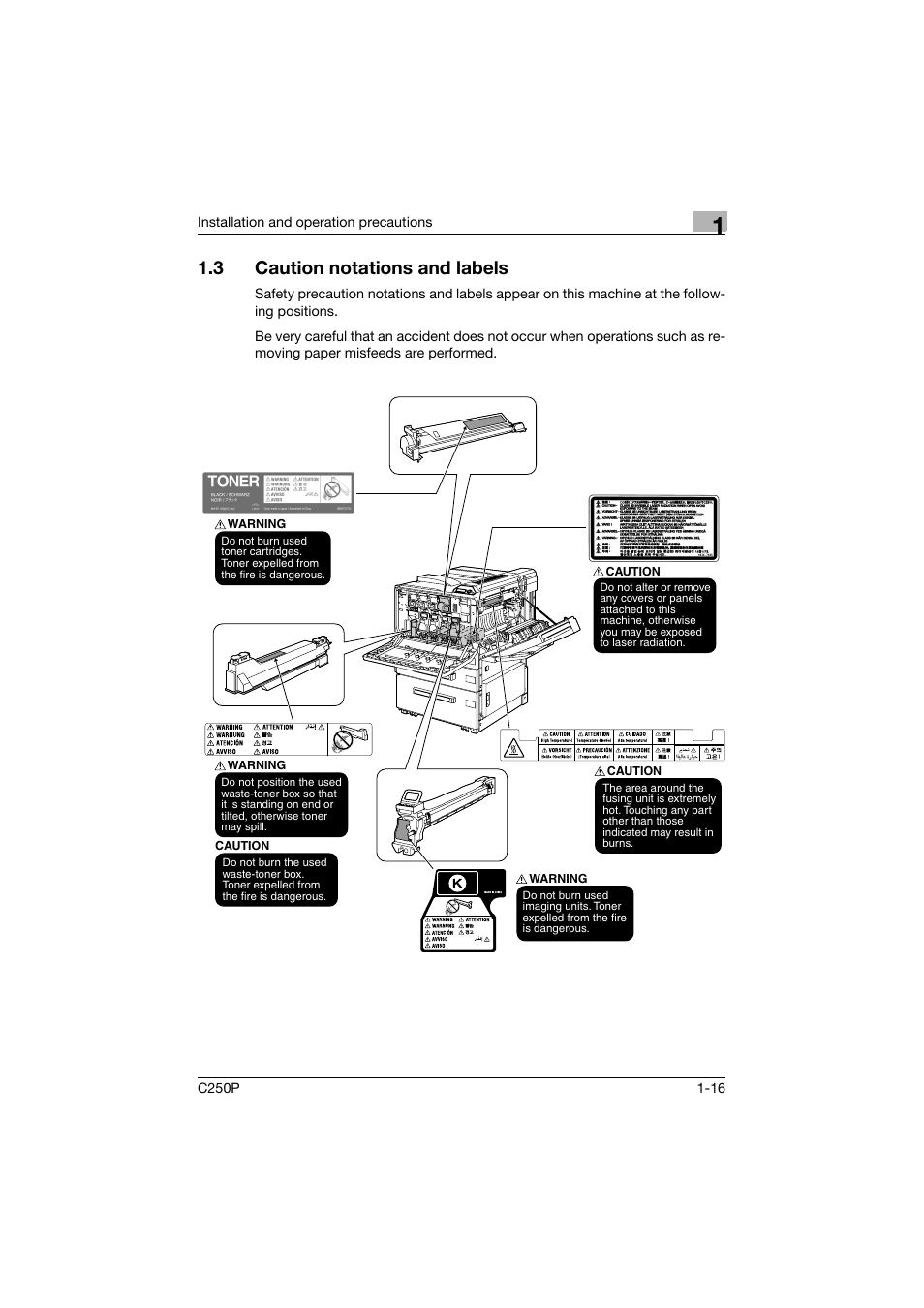 3 caution notations and labels, Caution notations and labels -16 | Konica Minolta C250P User Manual | Page 35 / 498