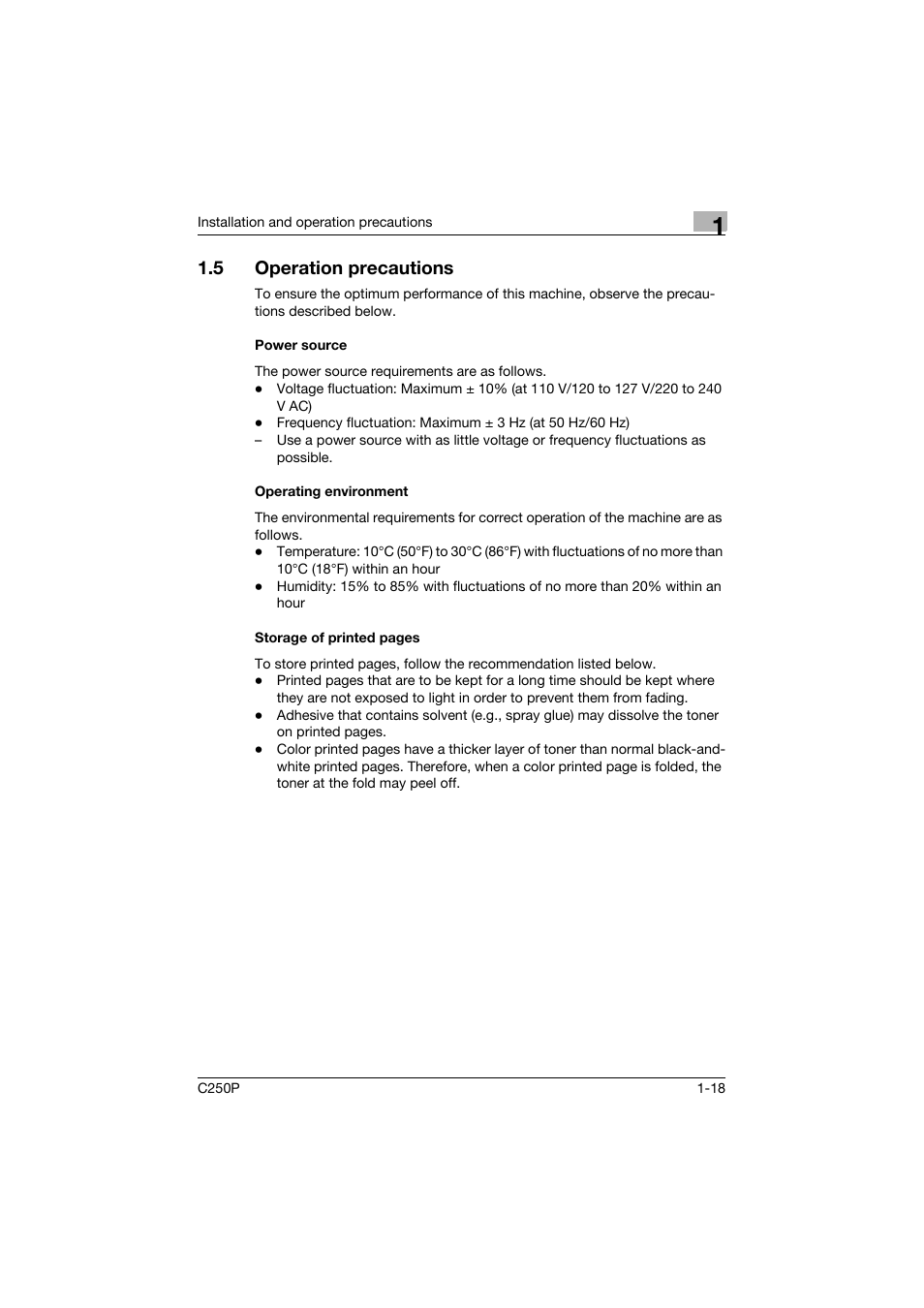 5 operation precautions, Power source, Operating environment | Operation precautions -18 | Konica Minolta C250P User Manual | Page 37 / 498