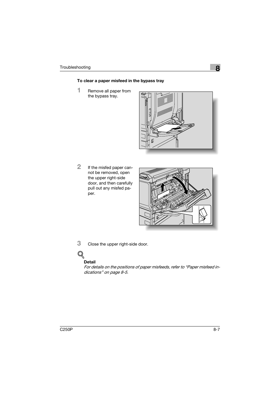 To clear a paper misfeed in the bypass tray, To clear a paper misfeed in the bypass tray -7, P. 8-7) | Konica Minolta C250P User Manual | Page 372 / 498
