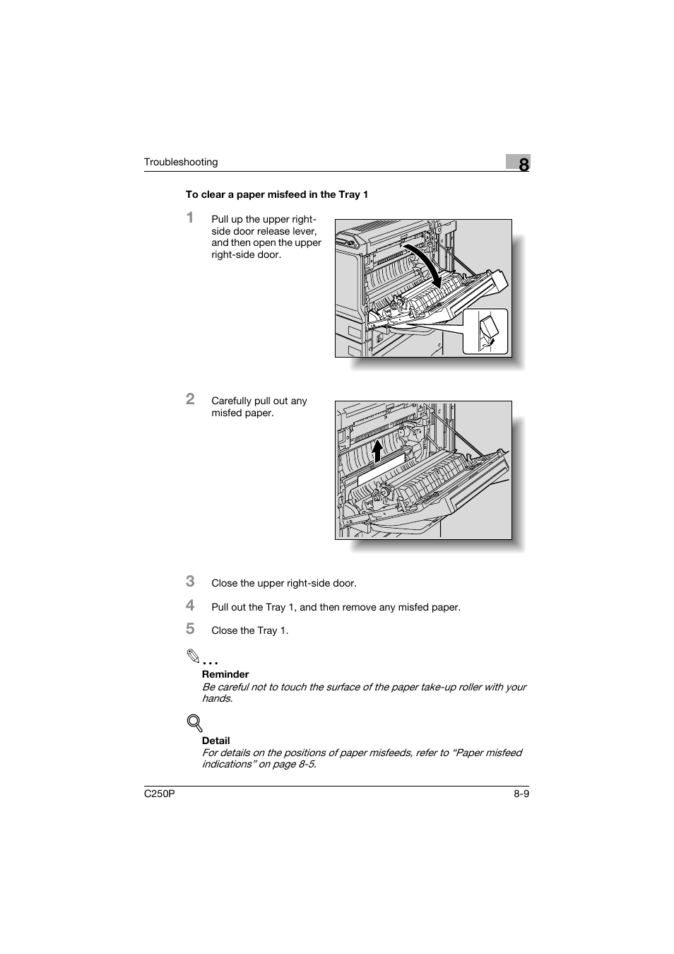 To clear a paper misfeed in the tray 1, To clear a paper misfeed in the tray 1 -9, 1 (p. 8-9) | Konica Minolta C250P User Manual | Page 374 / 498
