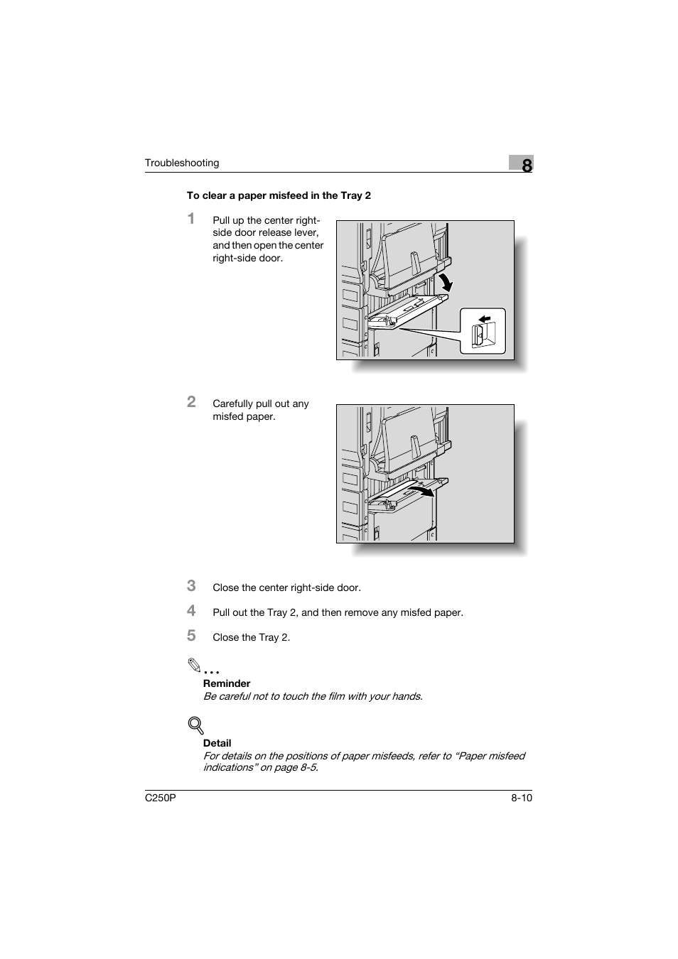 To clear a paper misfeed in the tray 2, To clear a paper misfeed in the tray 2 -10, P. 8-10) | Konica Minolta C250P User Manual | Page 375 / 498