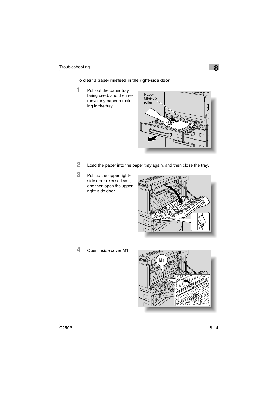 To clear a paper misfeed in the right-side door, P. 8-14) | Konica Minolta C250P User Manual | Page 379 / 498