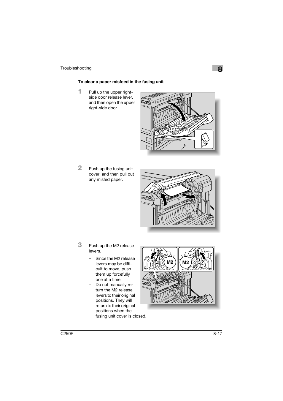 To clear a paper misfeed in the fusing unit, To clear a paper misfeed in the fusing unit -17, P. 8-17) | Konica Minolta C250P User Manual | Page 382 / 498