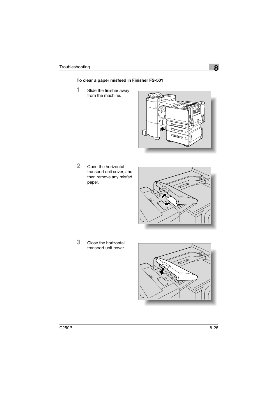 To clear a paper misfeed in finisher fs-501, To clear a paper misfeed in finisher fs-501 -26, P. 8-26 | Ee p. 8-26.), Ee p. 8-26, R (p. 8-26) | Konica Minolta C250P User Manual | Page 391 / 498
