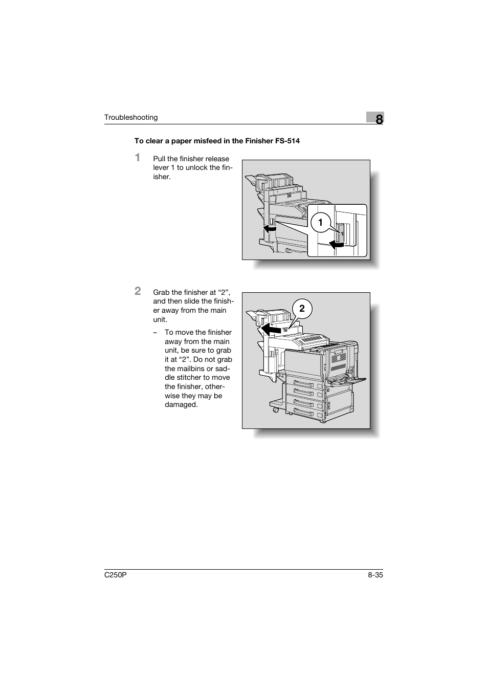 To clear a paper misfeed in the finisher fs-514 | Konica Minolta C250P User Manual | Page 400 / 498