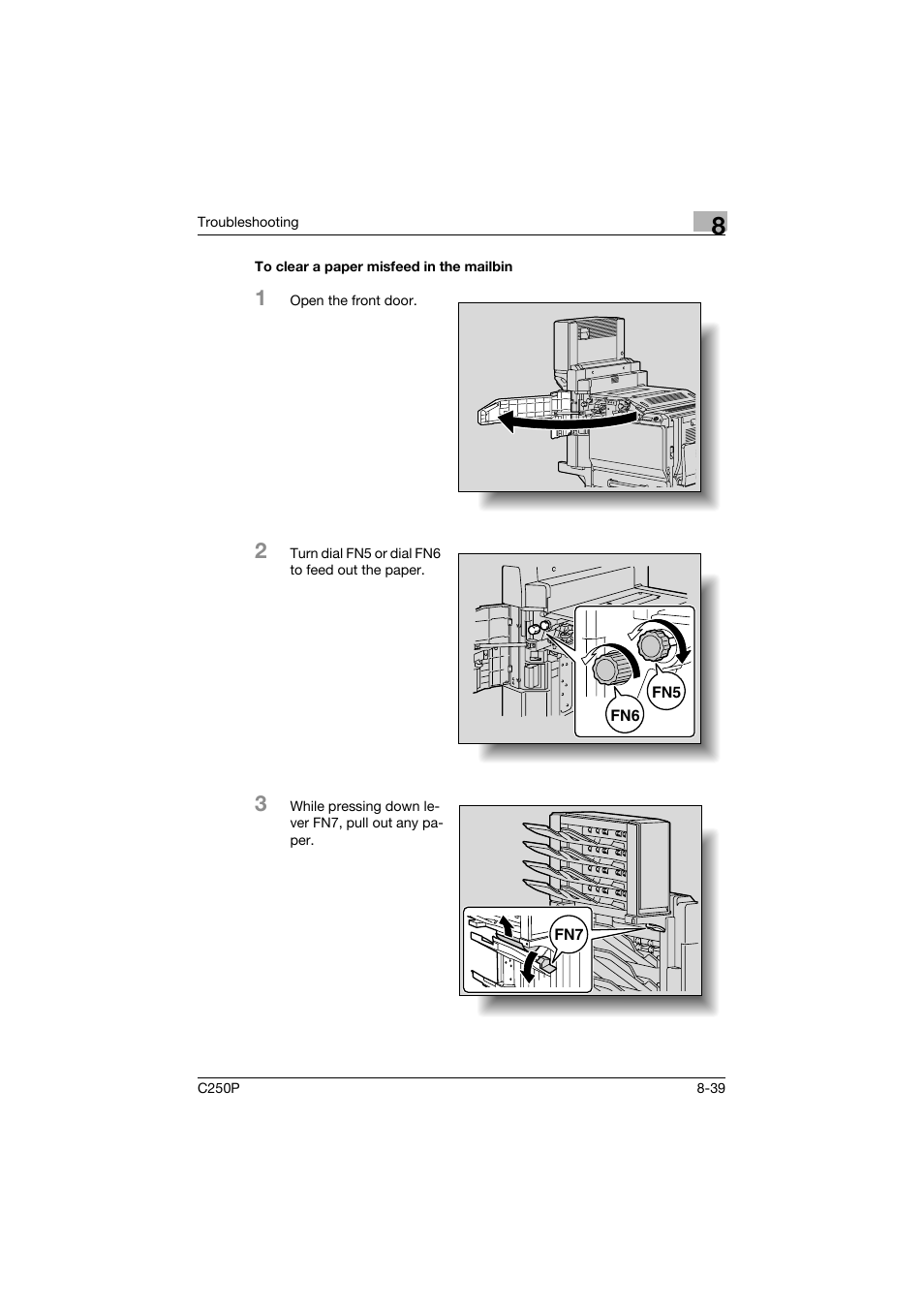 To clear a paper misfeed in the mailbin, To clear a paper misfeed in the mailbin -39 | Konica Minolta C250P User Manual | Page 404 / 498