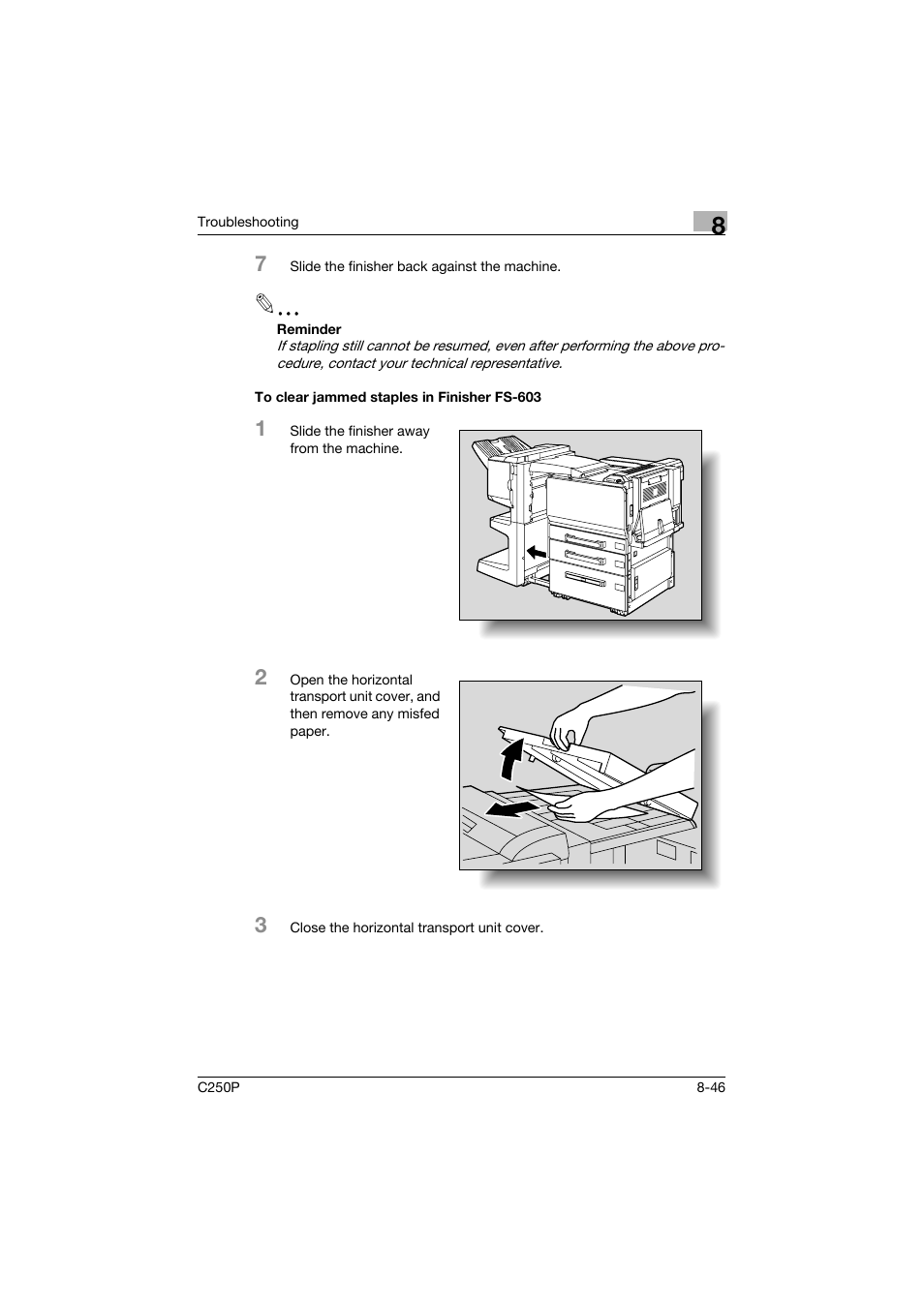 To clear jammed staples in finisher fs-603, To clear jammed staples in finisher fs-603 -46, P. 8-46 | P. 8-46.) | Konica Minolta C250P User Manual | Page 411 / 498