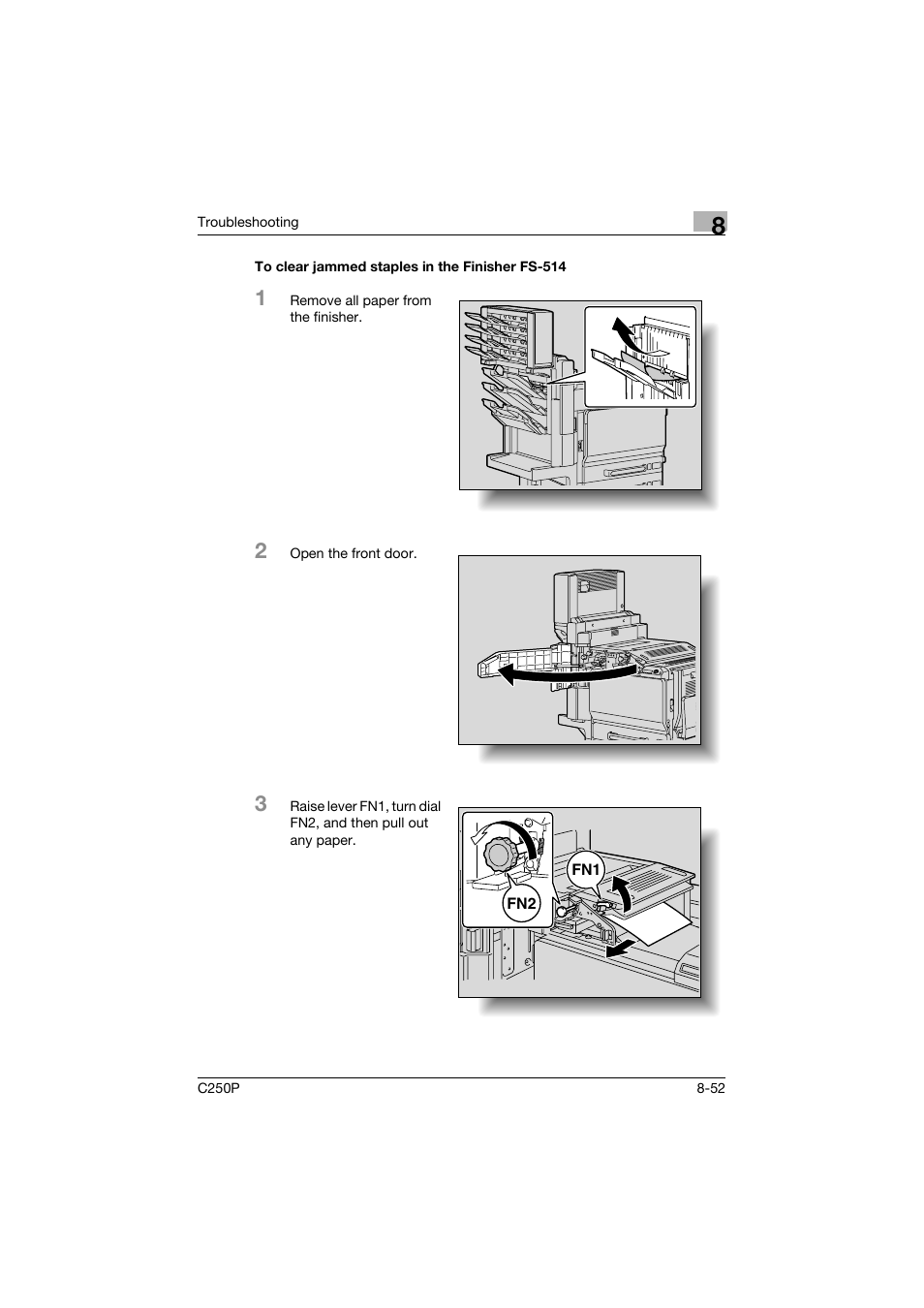 To clear jammed staples in the finisher fs-514, To clear jammed staples in the finisher fs-514 -52 | Konica Minolta C250P User Manual | Page 417 / 498
