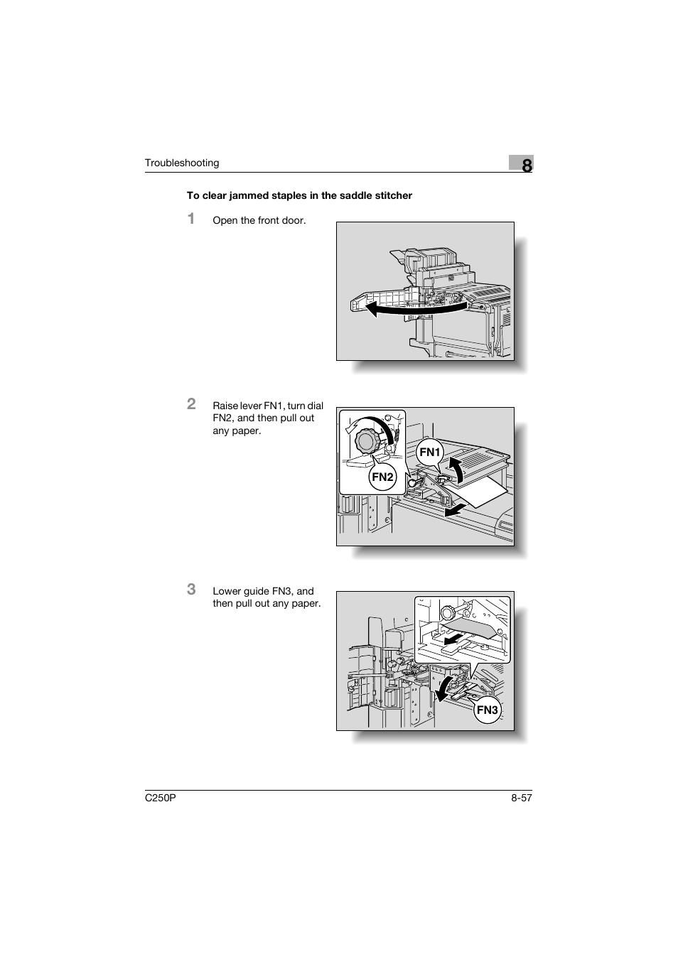 To clear jammed staples in the saddle stitcher, To clear jammed staples in the saddle stitcher -57 | Konica Minolta C250P User Manual | Page 422 / 498