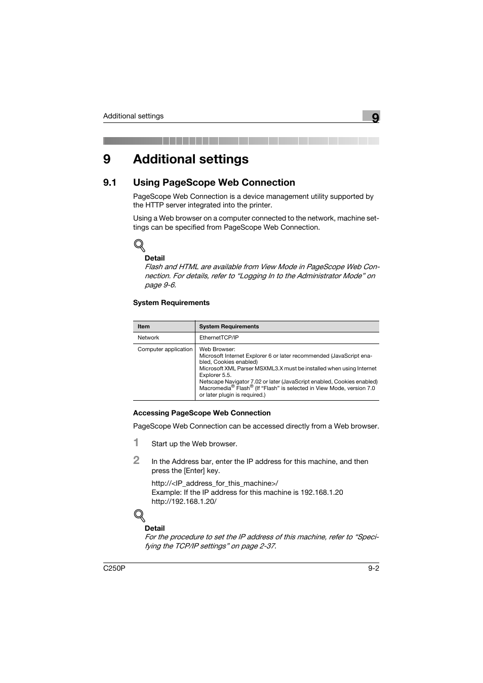 9 additional settings, System requirements, Additional settings | 9additional settings, 1 using pagescope web connection | Konica Minolta C250P User Manual | Page 435 / 498
