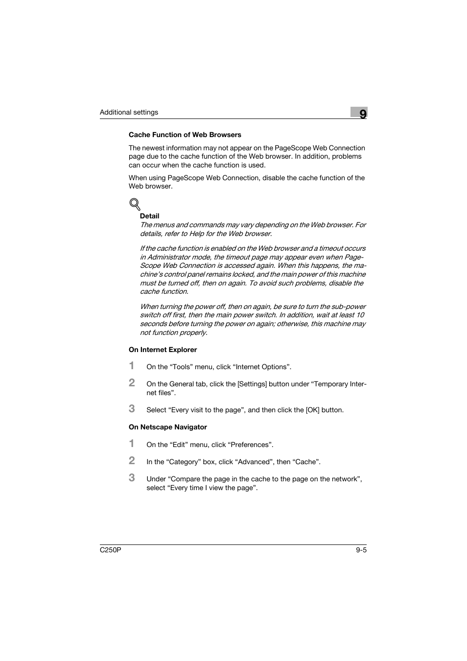 Cache function of web browsers, On internet explorer, On netscape navigator | Konica Minolta C250P User Manual | Page 438 / 498