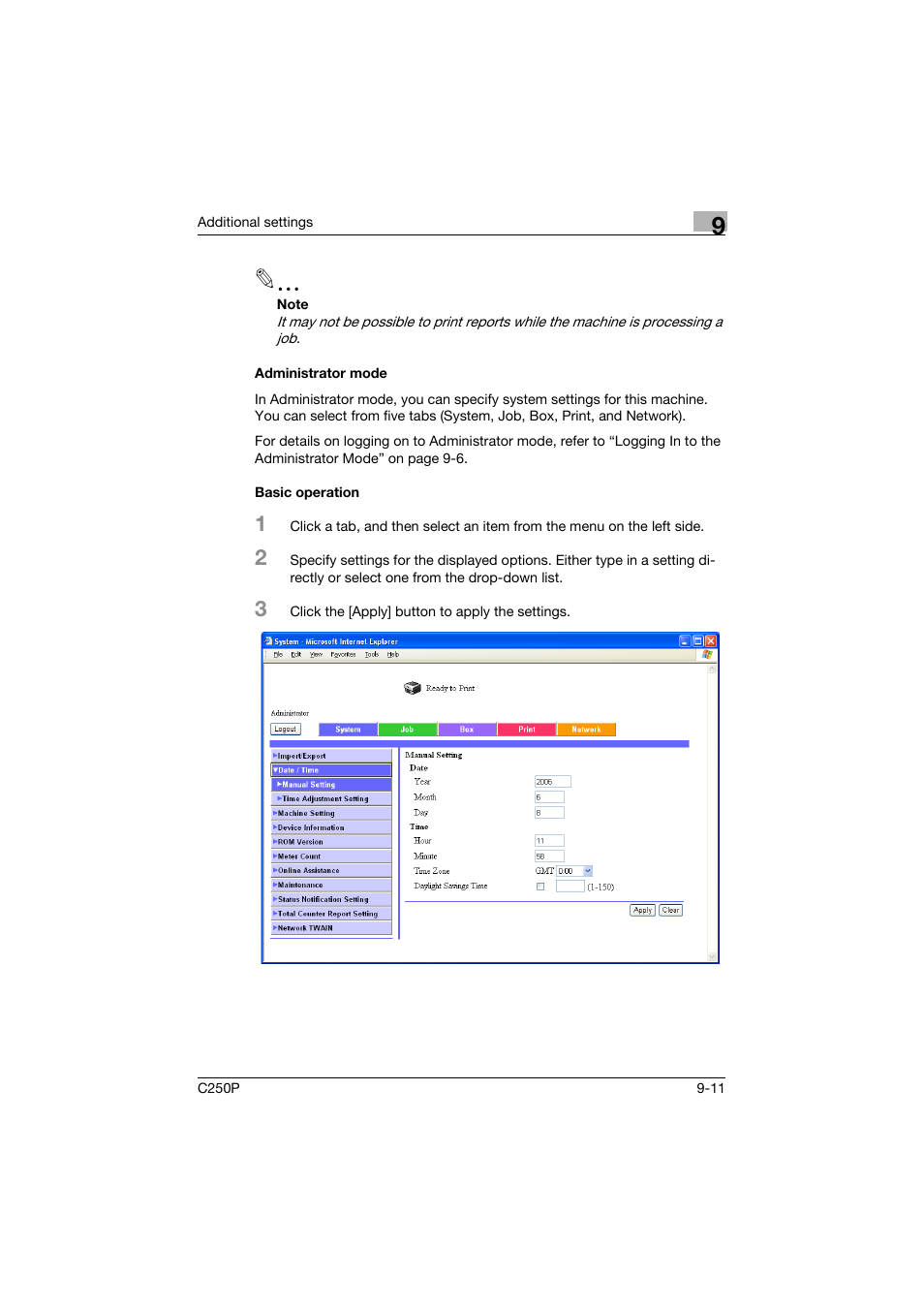 Administrator mode, Basic operation, Administrator mode -11 basic operation -11 | Konica Minolta C250P User Manual | Page 444 / 498