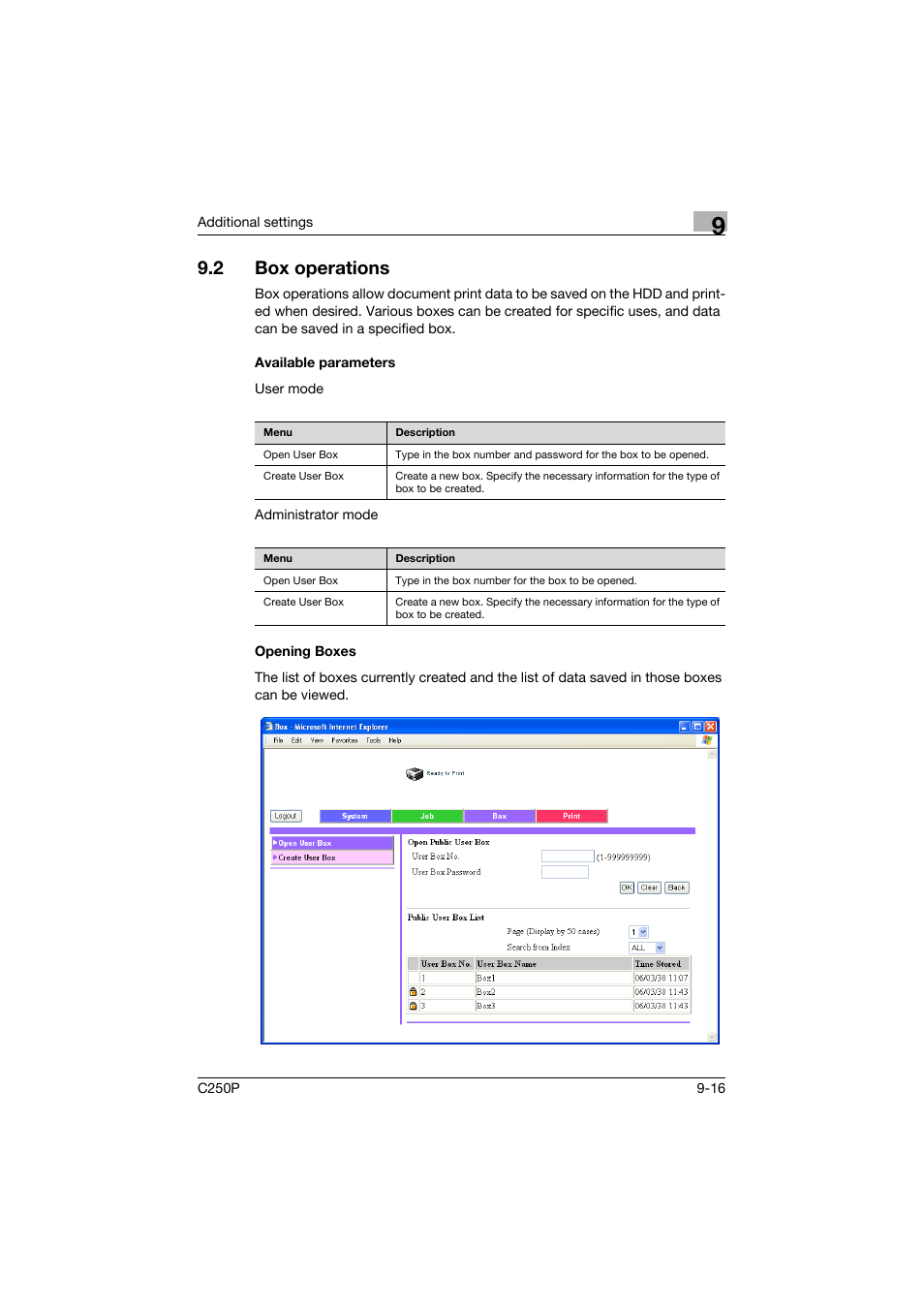 2 box operations, Available parameters, Opening boxes | Box operations -16, Available parameters -16 opening boxes -16 | Konica Minolta C250P User Manual | Page 449 / 498