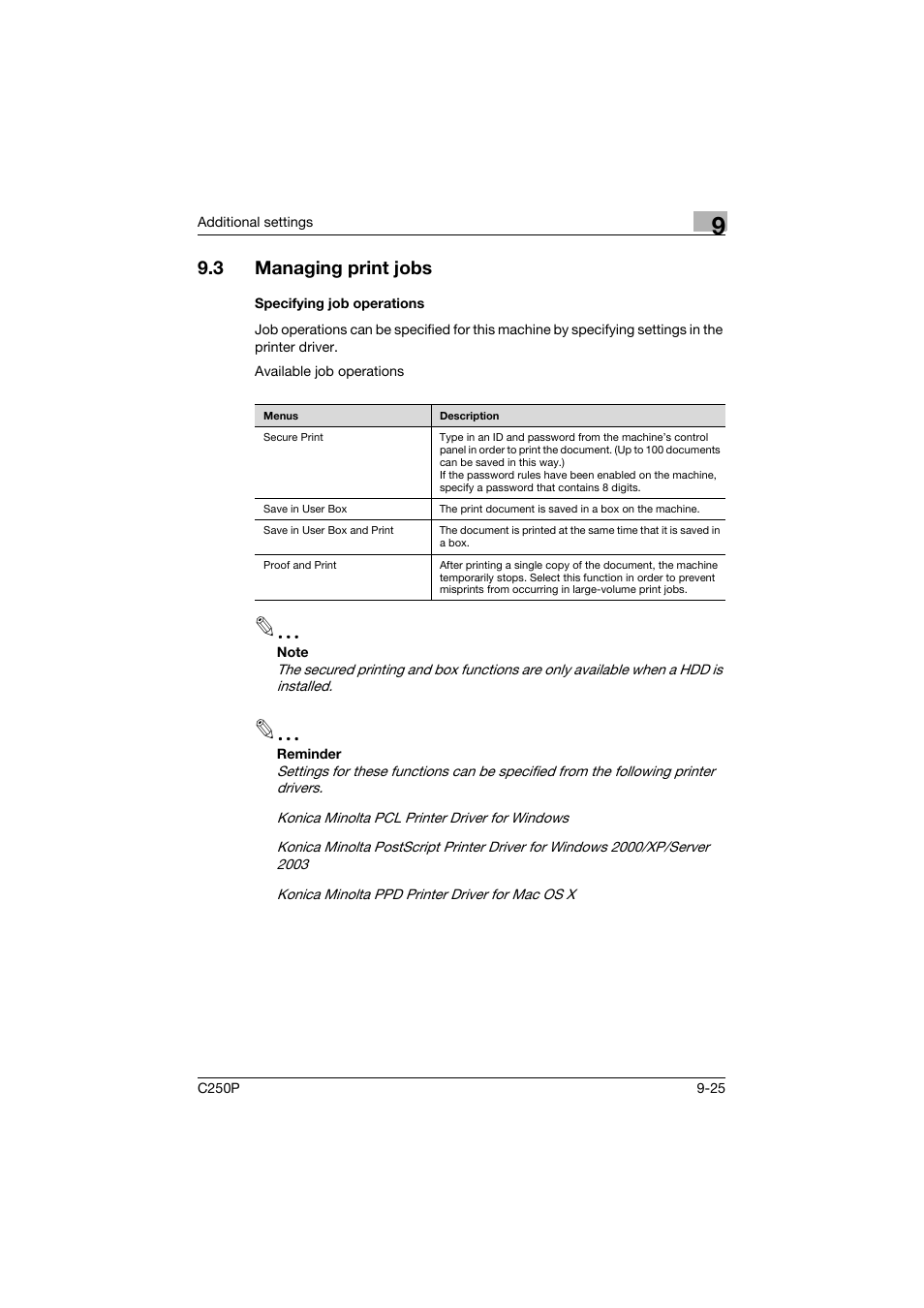 3 managing print jobs, Specifying job operations, Managing print jobs -25 | Specifying job operations -25 | Konica Minolta C250P User Manual | Page 458 / 498