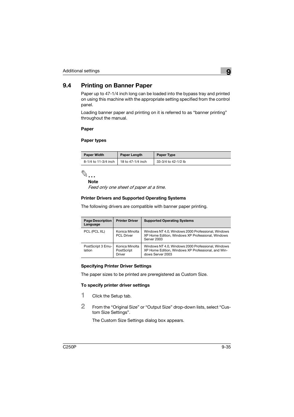 4 printing on banner paper, Paper, Paper types | Printer drivers and supported operating systems, Specifying printer driver settings, To specify printer driver settings, Printing on banner paper -35 | Konica Minolta C250P User Manual | Page 468 / 498