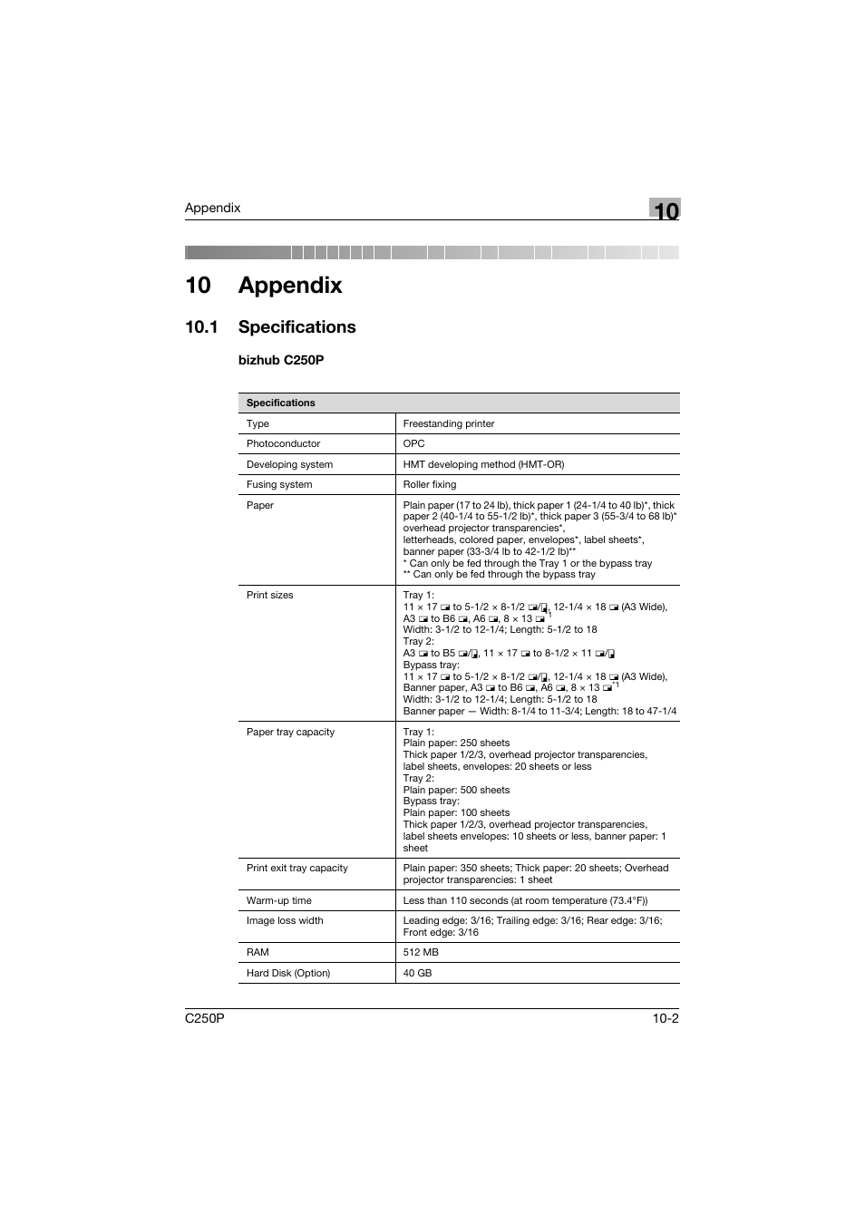 10 appendix, 1 specifications, Bizhub c250p | Specifications -2, Bizhub c250p -2 | Konica Minolta C250P User Manual | Page 475 / 498