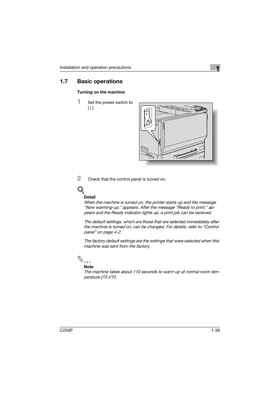 7 basic operations, Turning on the machine, Basic operations -39 | Turning on the machine -39 | Konica Minolta C250P User Manual | Page 58 / 498