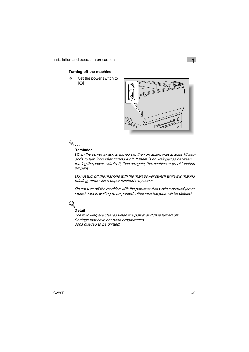Turning off the machine, Turning off the machine -40 | Konica Minolta C250P User Manual | Page 59 / 498
