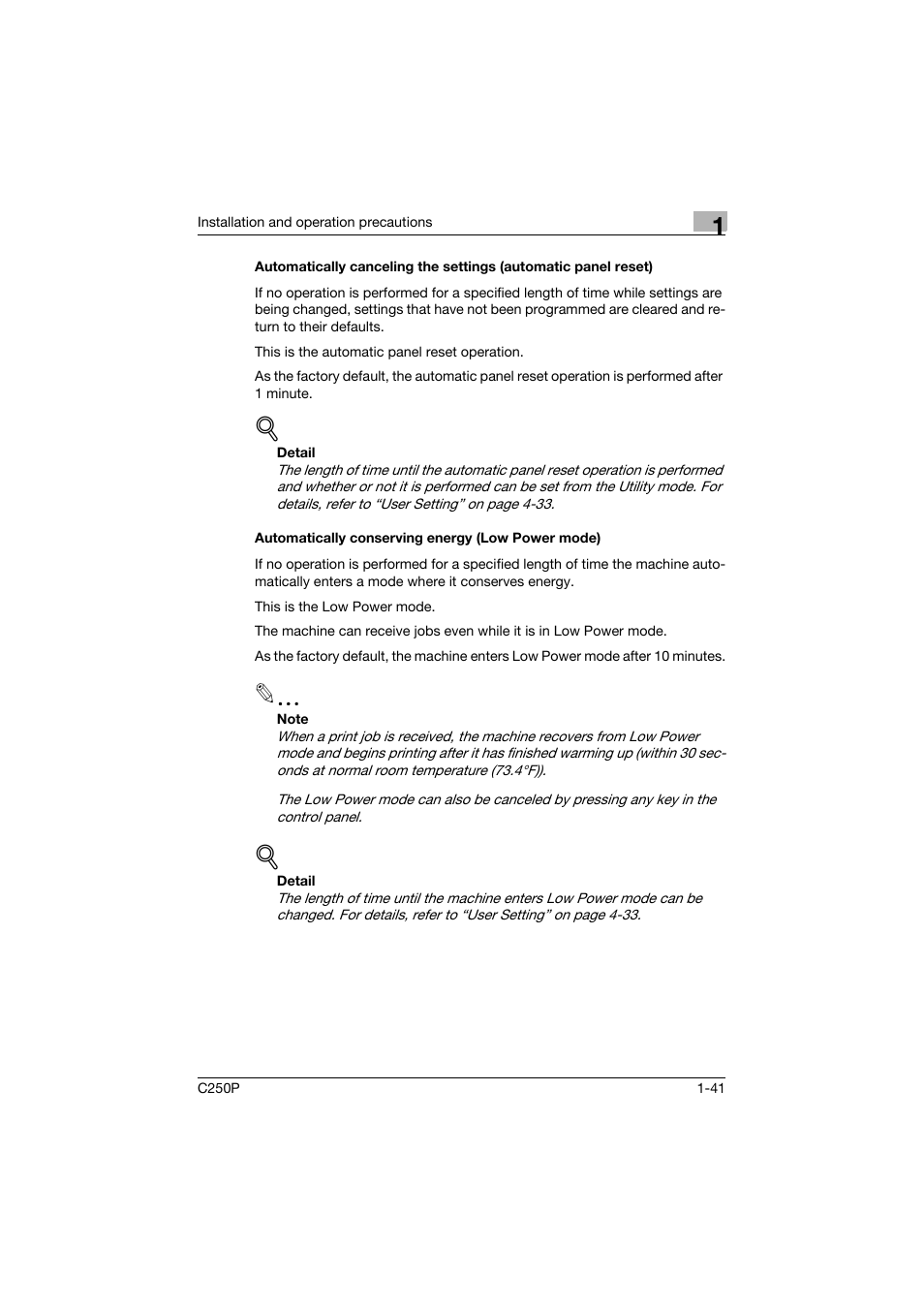 Automatically conserving energy (low power mode) | Konica Minolta C250P User Manual | Page 60 / 498