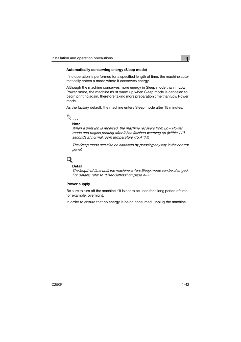 Automatically conserving energy (sleep mode), Power supply | Konica Minolta C250P User Manual | Page 61 / 498