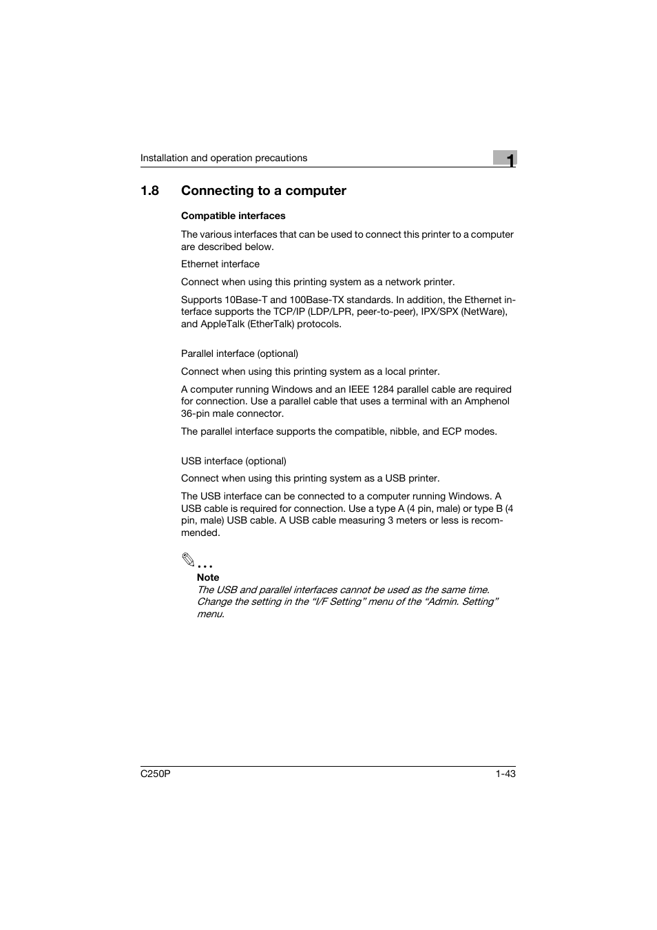 8 connecting to a computer, Compatible interfaces, Connecting to a computer -43 | Compatible interfaces -43 | Konica Minolta C250P User Manual | Page 62 / 498