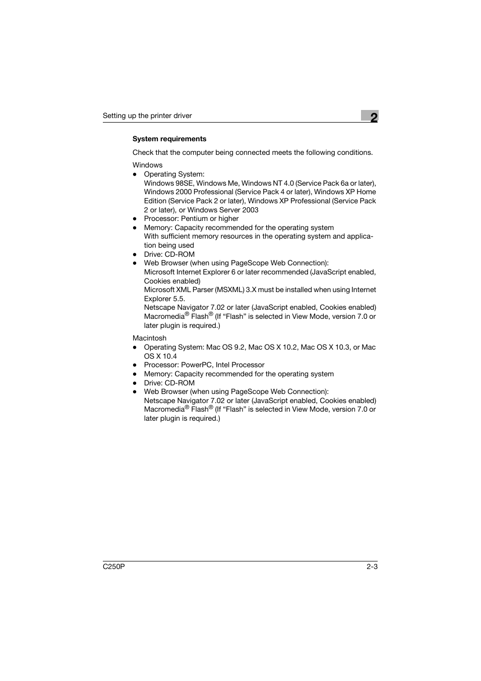 System requirements, System requirements -3 | Konica Minolta C250P User Manual | Page 66 / 498