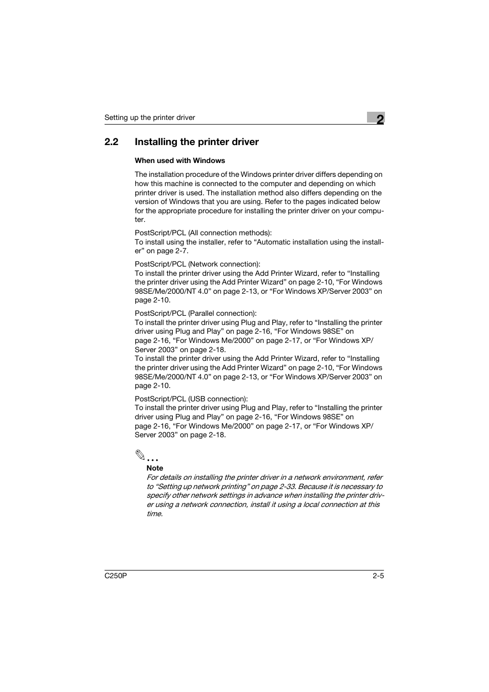 2 installing the printer driver, When used with windows, Installing the printer driver -5 | When used with windows -5 | Konica Minolta C250P User Manual | Page 68 / 498