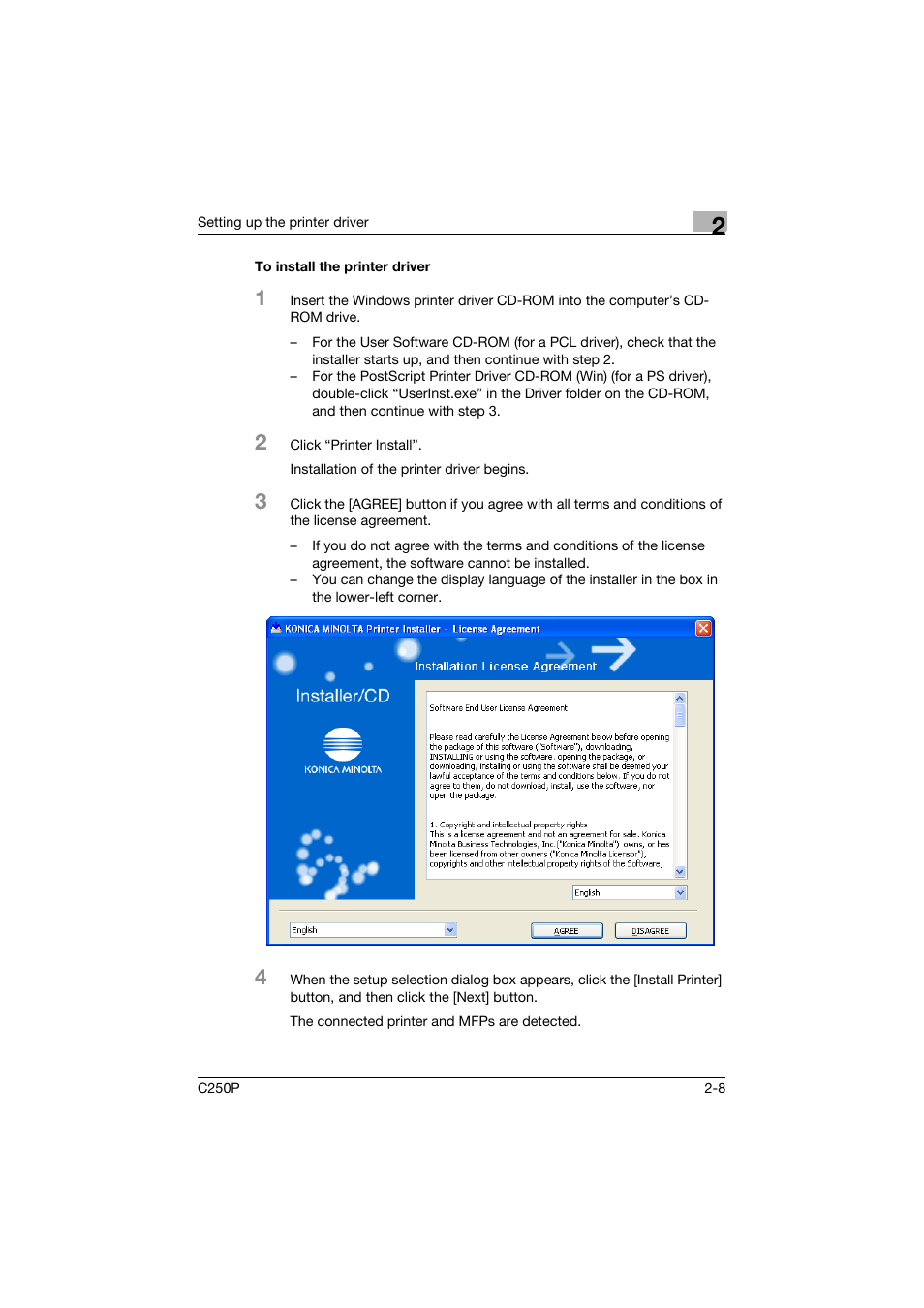 To install the printer driver, To install the printer driver -8 | Konica Minolta C250P User Manual | Page 71 / 498