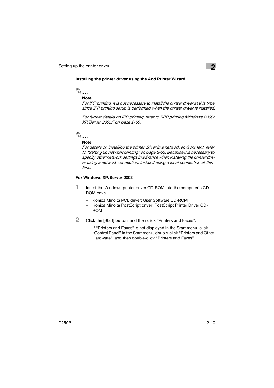For windows xp/server 2003 | Konica Minolta C250P User Manual | Page 73 / 498