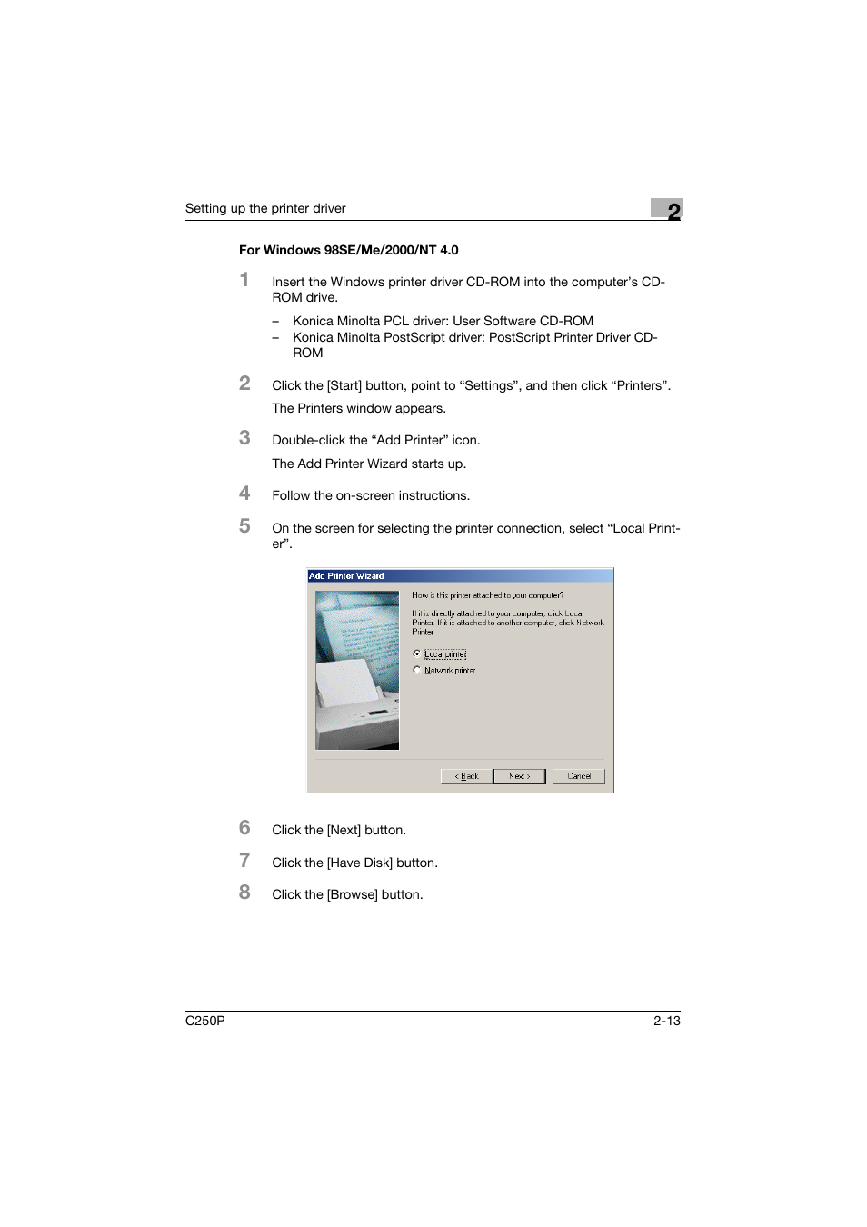 For windows 98se/me/2000/nt 4.0, For windows 98se/me/2000/nt 4.0 -13 | Konica Minolta C250P User Manual | Page 76 / 498